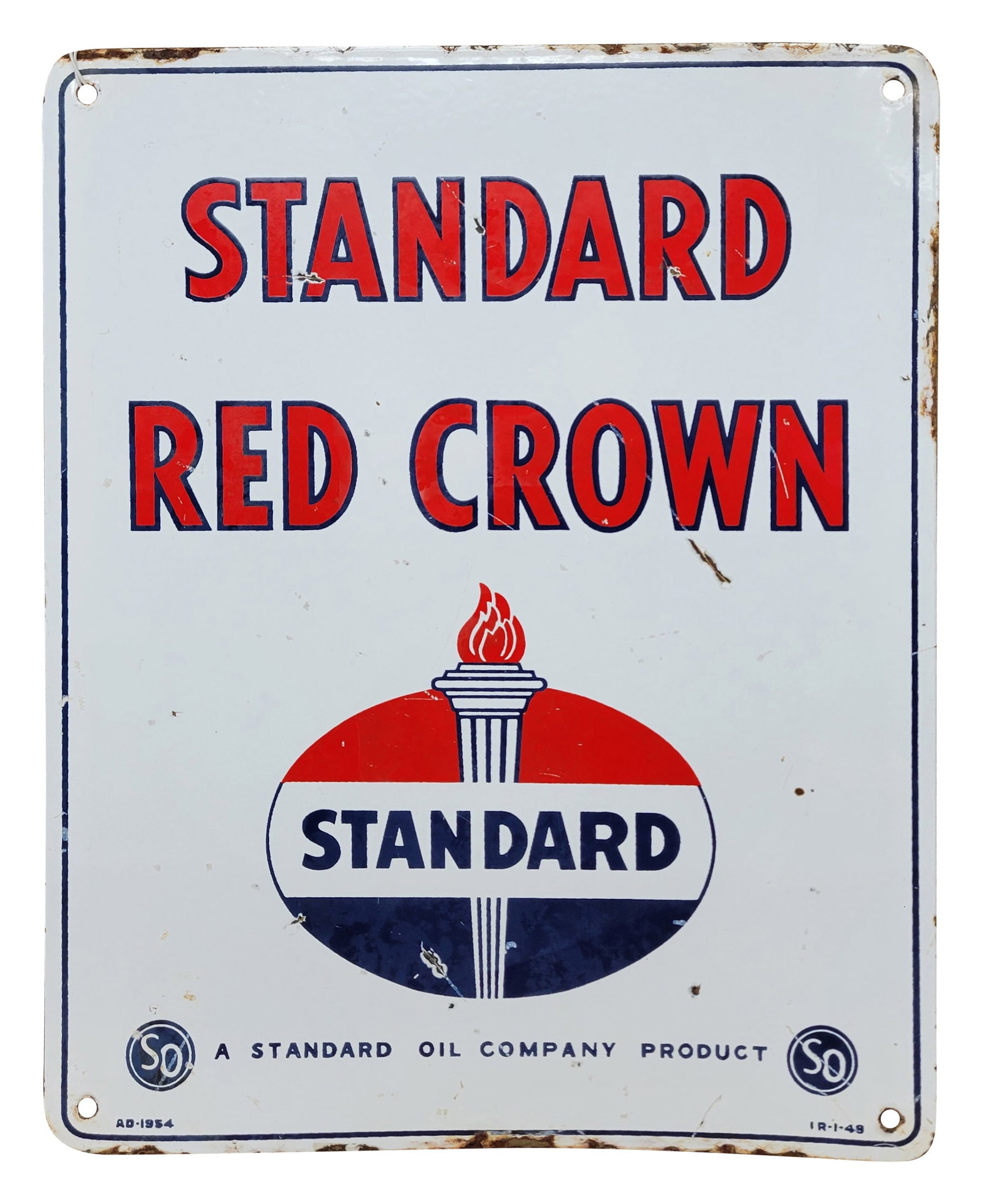 Standard Red Crown Porcelain Gas Pump Plate Sign: 12" x 15" SSP gas pump plate sign exhibits good gloss, although it shows some wear with multiple deep scratches and very small porcelain chips. The edges display wear, including small chips and light 