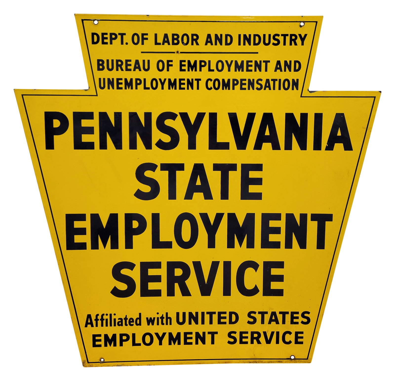 Pennsylvania State Employment Service Double Sided Porcelain Sign: 36" x 36" DSP die cut sign displays excellent color and high gloss on each side. Side one has a very clean field with the exception and flea bite chip in the lower field. Side two is similar with a sm