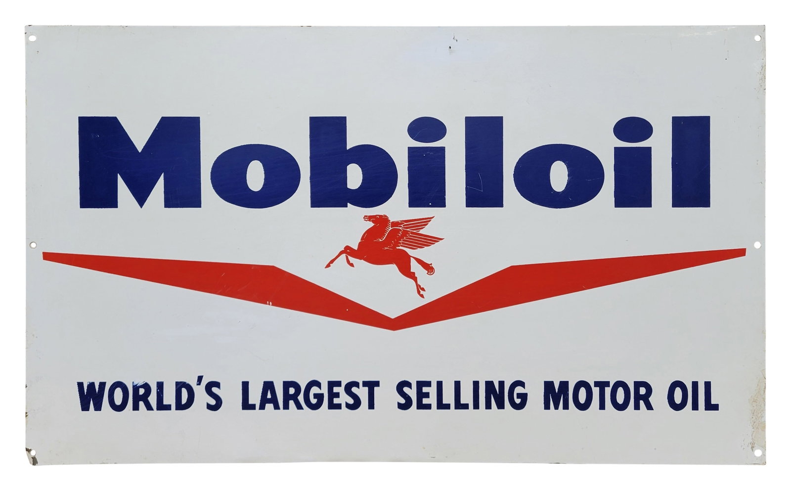 Mobiloil Single Sided Sign With Pegasus: 17.5" x 10.5" single sided metal sign features the Pegasus logo. There are fine scratches throughout the field. The bottom edge has several shallow bends as well as a small bend on the bottom left cor