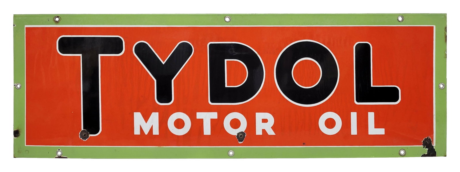 Tydol Motor Oil Single Sided Porcelain Sign: 42" x 14" SSP displays bright color and high gloss. There are several small bullet holes with chips in the lower field and light discoloration throughout. The perimeter has a few small chips.