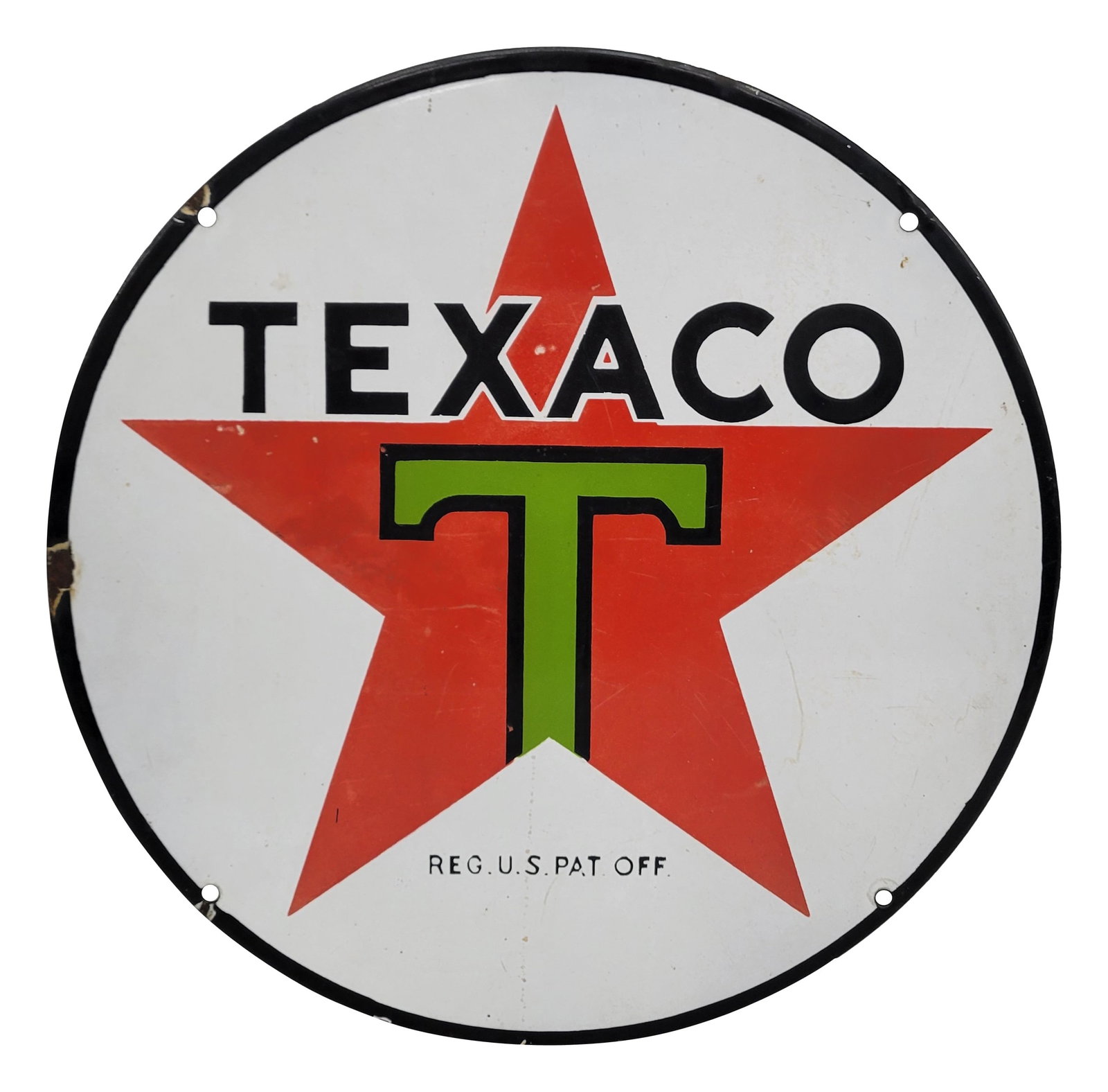 15" Texaco SS Porcelain Lubester Sign "Black T": 15" SSP sign shows some signs of wear in the field, including scuffs and scratches. There are a few minor chips located around the perimeter and at several of the mounting holes.
