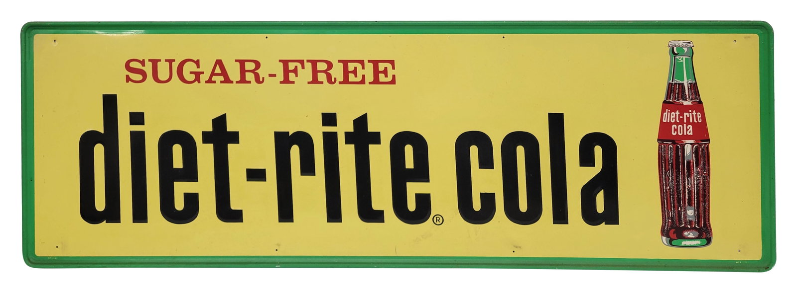 Sugar Free Diet Rite Cola Embossed Single Sided Tin Sign: 54" x 18" horizontal embossed SST sign displays good colors with light wear in the field including moderate shine, light scuffs and scratches. The self framed perimeter has minor wear with small scrat