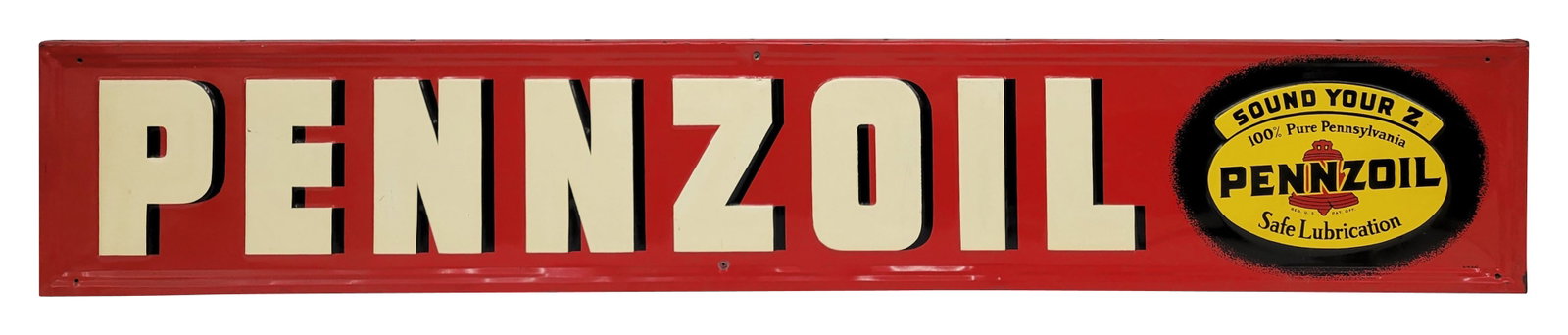 Pennzoil Sound Your Z Embossed Single Sided Tin Sign: 70" x 12" horizontal embossed SST sign displays well with good color and shine. There are a few minor scuffs and scratches in the field. The self framed perimeter has light wear and there is a wood fr
