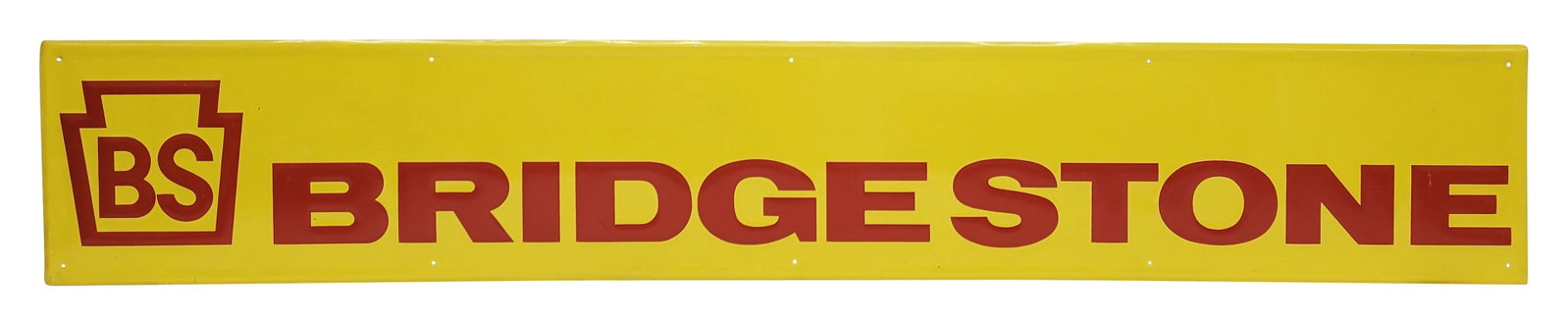 BS Bridgestone Embossed Single Sided Tin Sign: 72" x 12" modern embossed horizontal SST sign displays well with bright colors, high shine, and minor scuffs.