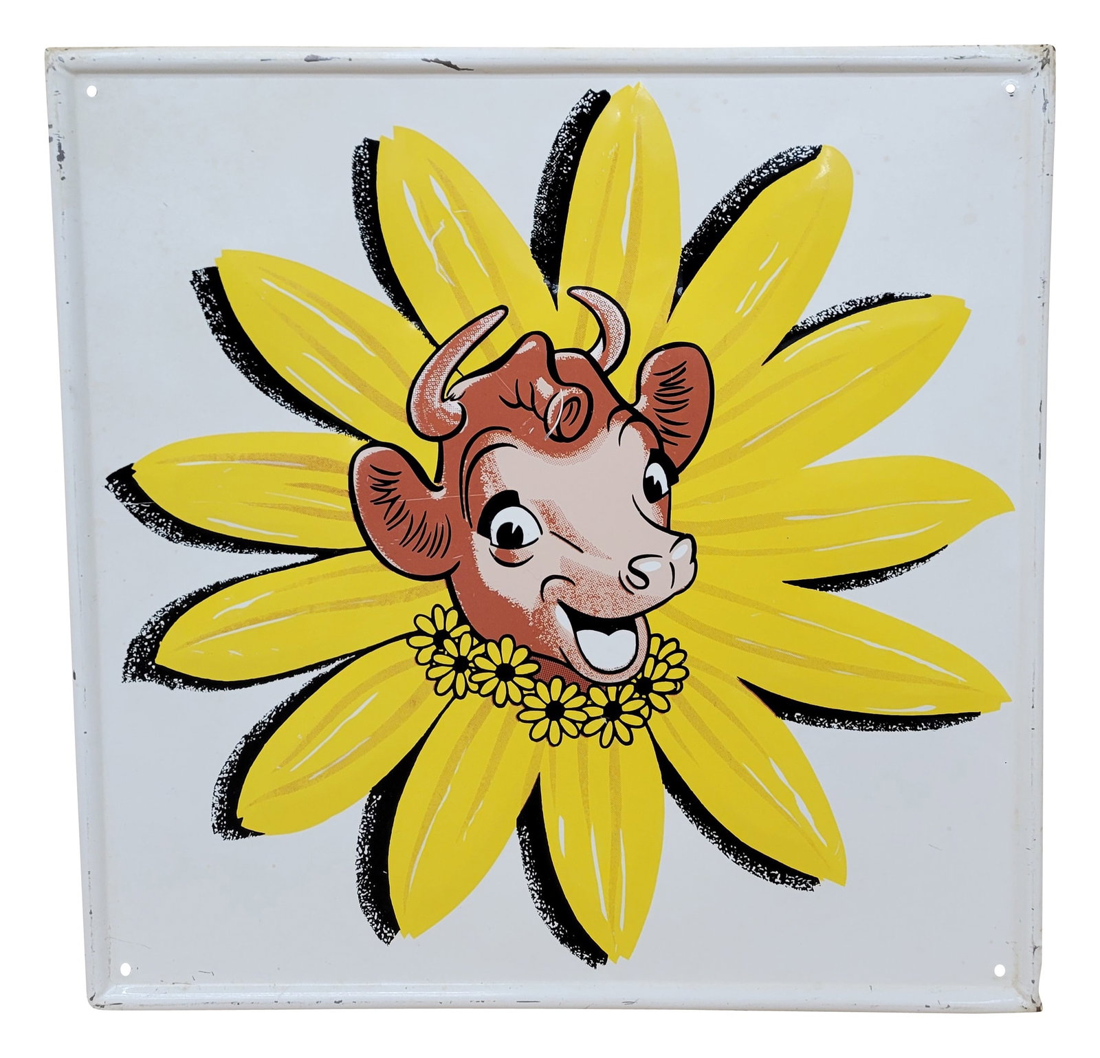 Borden's Elsie The Cow Embossed SST Sign: 17.5" x 17.5" embossed SST sign displays well with bright colors and good shine. There are faint stains on the upper left perimeter corner and several small scratches in the field. The self framed per