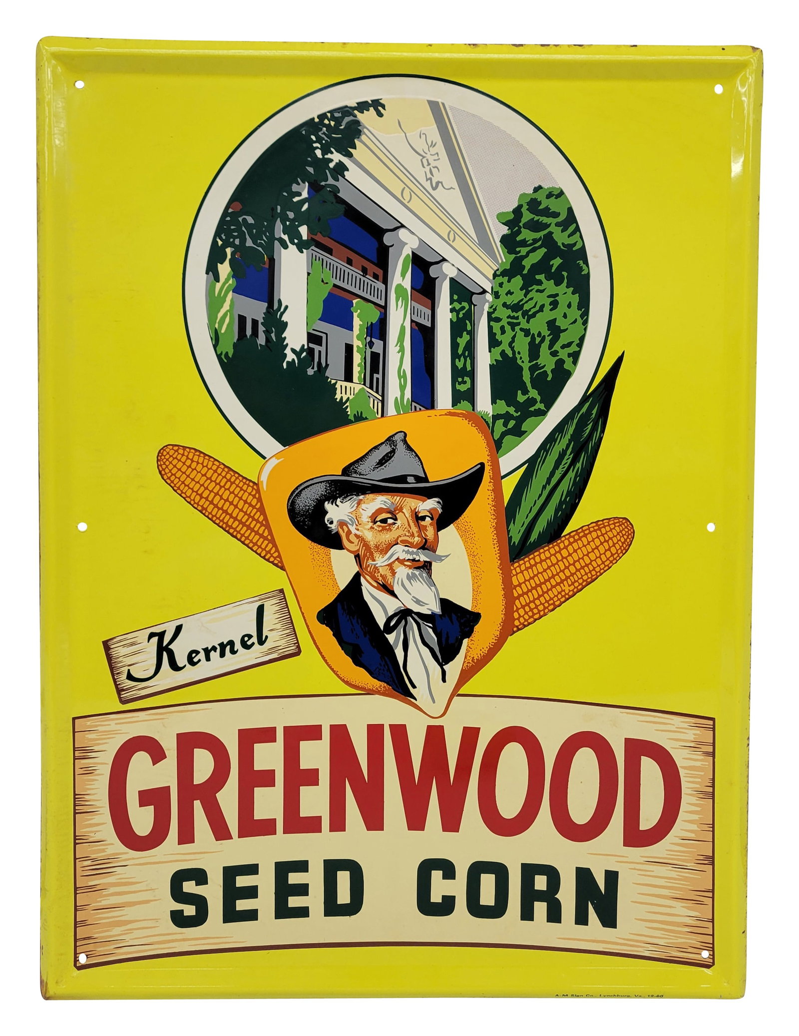 Kernel Greenwood Seed Corn SST Sign: 18" x 24" single sided tin sign displays well with great graphics in excellent color and shine. There are some faint discolorations in the yellow paint around the center graphics. The self framed peri