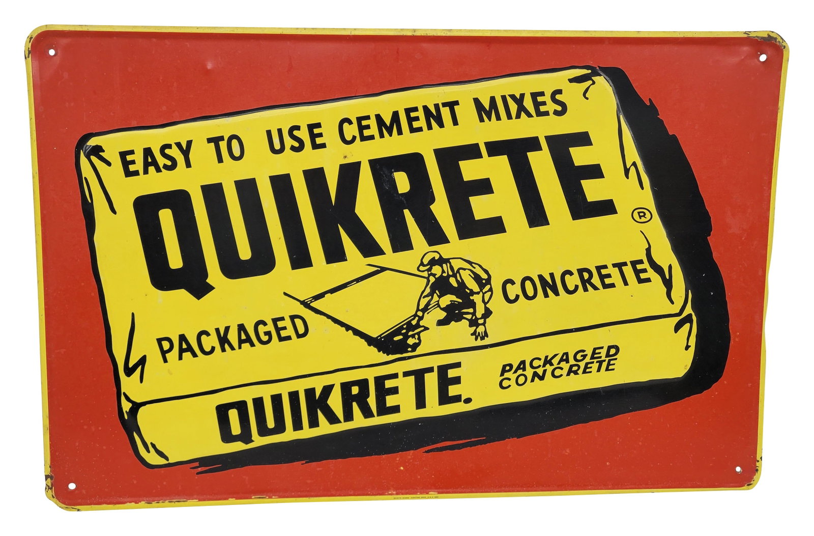 Quikcrete Concrete Embossed SST Sign: 28" x 18" embossed SST sign exhibits minor fading and small specks of discoloration on the red paint. There is white paint over spray along the bottom of the sign and the perimeter has small areas of 