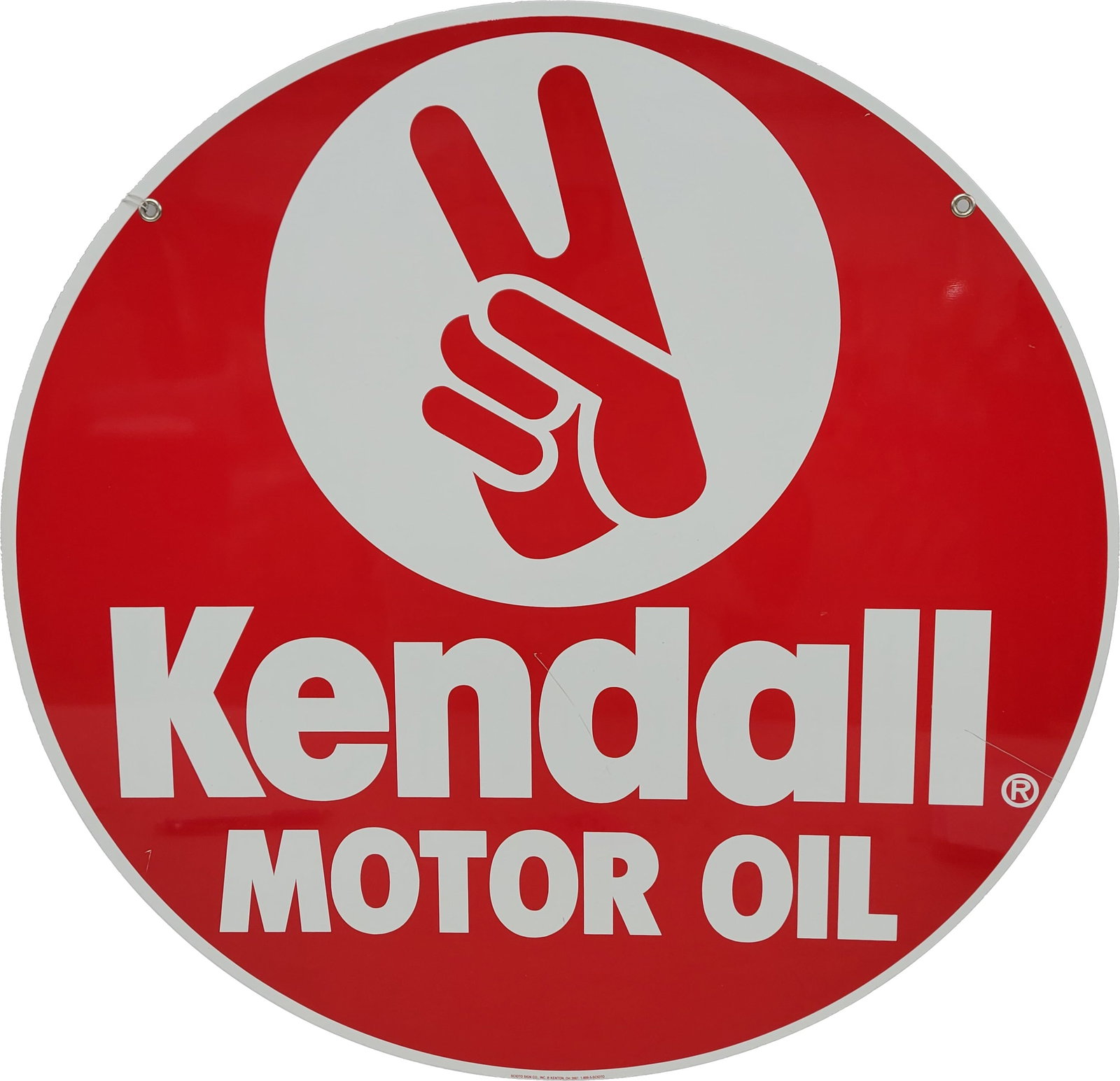 2001 Kendall Motor Oil Double Sided Tin Sign: 23.25" DST sign displays excellent color and shine throughout on each side. One side has a couple of scratches in the field. There are marks on the surface of each side from the original plastic facto