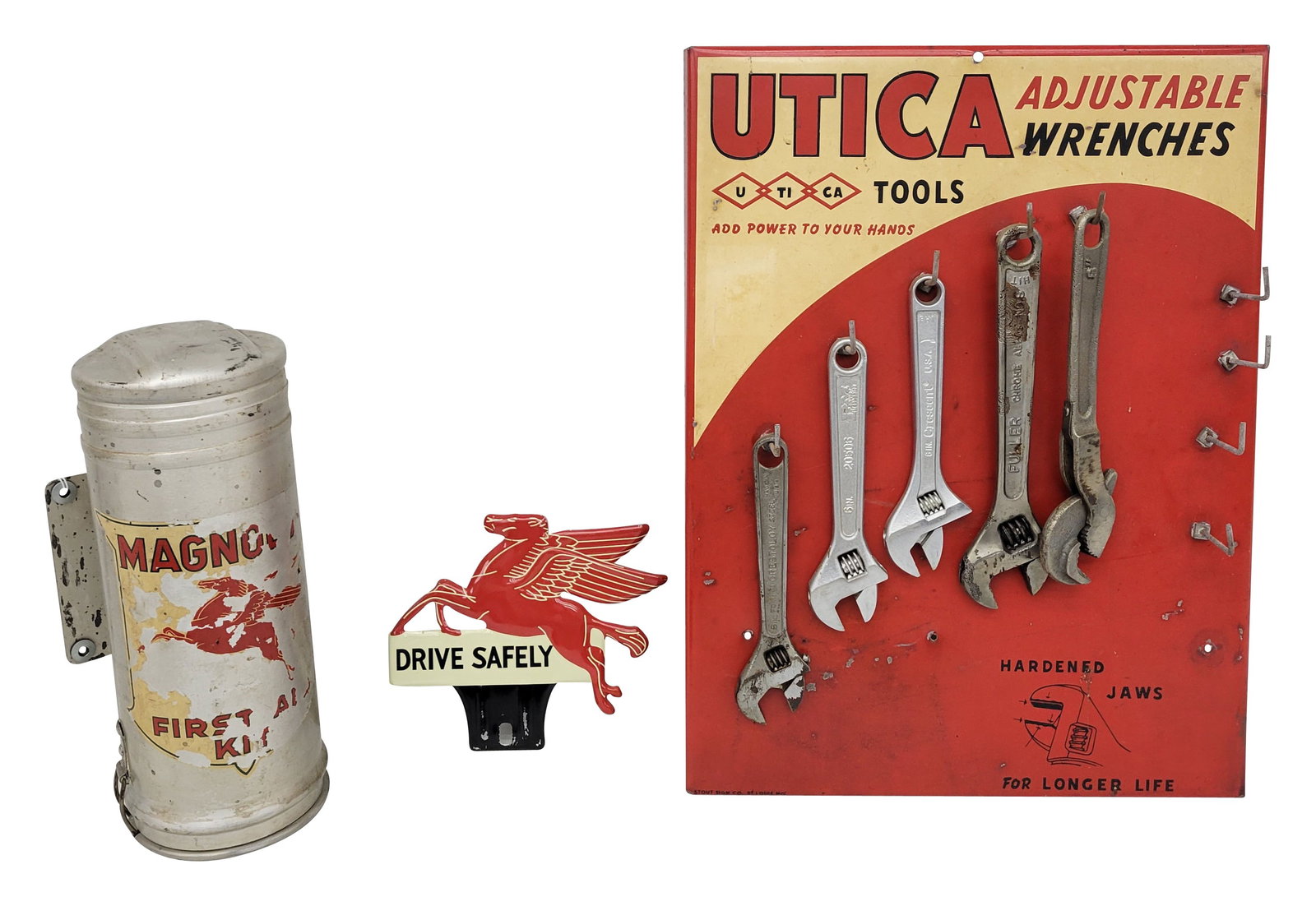 1920's Magnolia Petroleum First Aid Kit, Mobiloil Pegasus Tag Topper, and Utica Wrench Display (1 of 6)