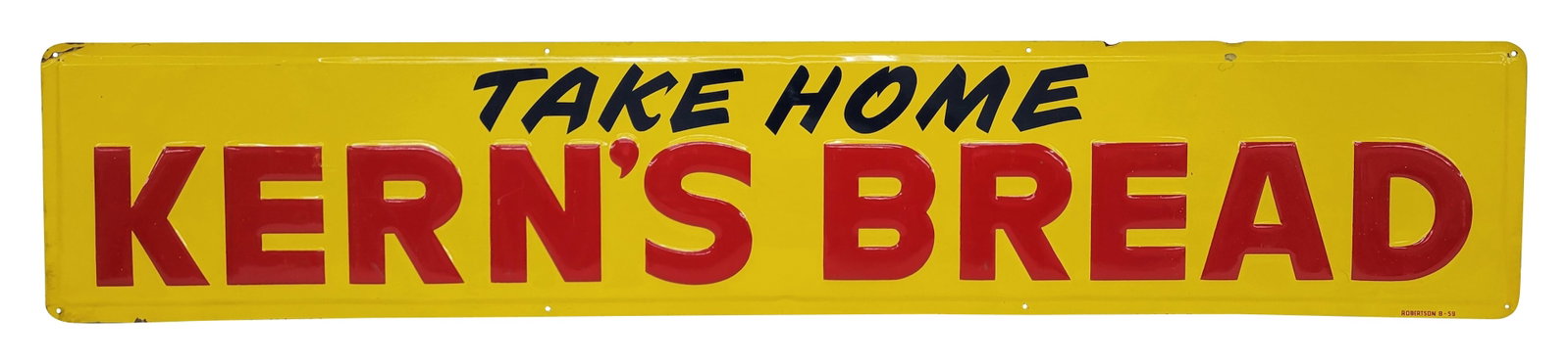 Take Home Kern's Bread Embossed SST Sign: 42" x 8" single sided tin sign features embossed red lettering with excellent color and shine. There is light wear on several of the embossed letters. The perimeter displays minor wear with a few smal