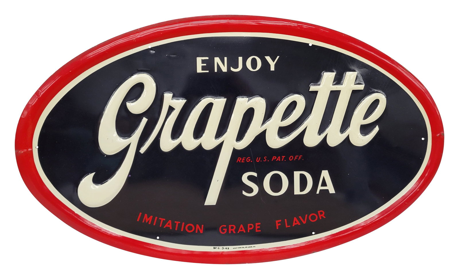 Enjoy Grapette Soda Embossed SST Sign: 27" x 16" embossed single sided tin sign exhibits excellent color and shine with several fine scratches and shallow dings near the top edge. The self framed perimeter has a few very small paint chips 