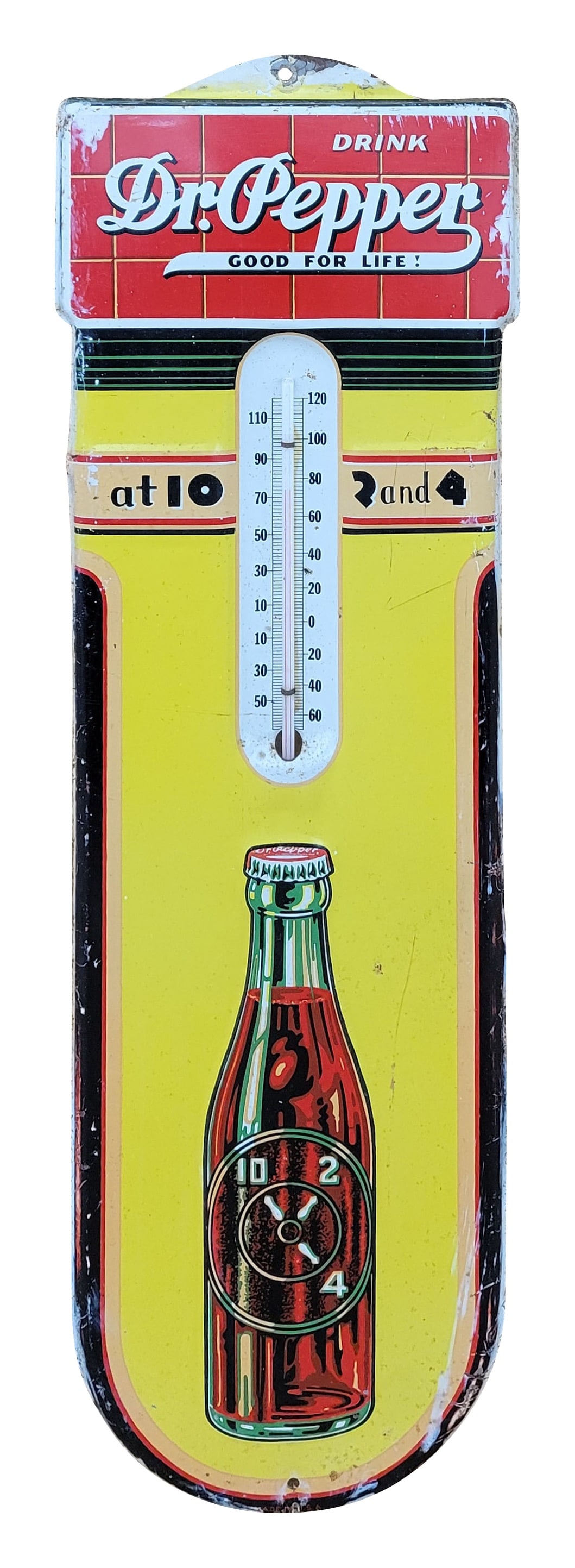 Drink Dr Pepper At 10 2 and 4 Tin Thermometer: 5" x 17.25" working SST thermometer features the embossed Dr Pepper bottle logo. It exhibits bright colors with moderate wear in the field with small scratches. The perimeter has scratches and errant 