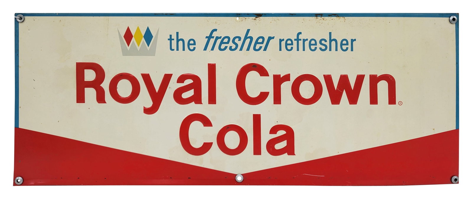 Royal Crown Cola The Fresher Refresher Single Sided Tin Sign: 29" x 11" SST embossed sign displays good color with light wear throughout the field including light stains, small scratches, and minor surface rust.