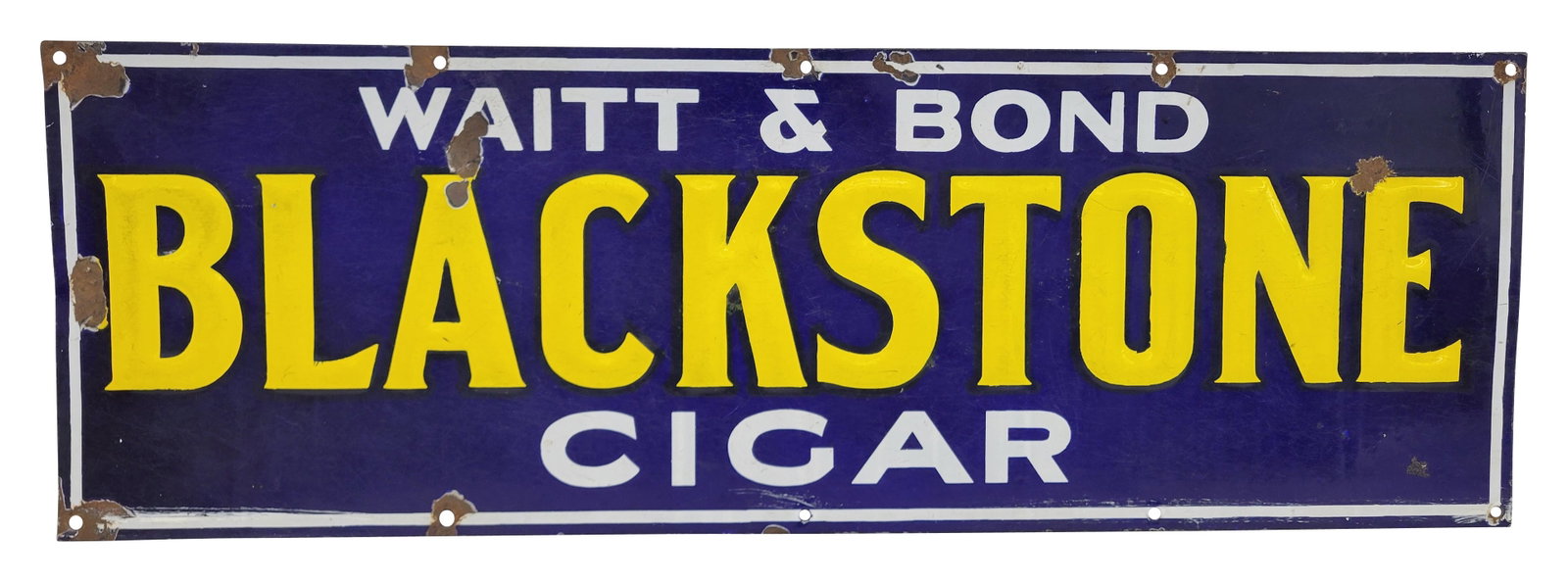 Waitt and Bond Blackstone Cigar Embossed Porcelain Sign: 35.75" x 12" SSP sign features embossed Blackstone lettering. There is general wear throughout the field and perimeter with scratches, porcelain chips, rust, and white paint along the lower edge.