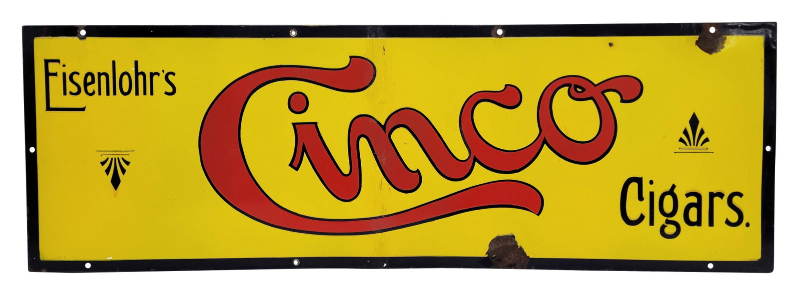 Eisenlohr's Cinco Cigars SSP Sign: 36" x 12" single sided porcelain sign exhibits very good color and gloss. There is vertical crackling down the center of the sign with several large chips and rust at the perimeter. 2 of the mounting 