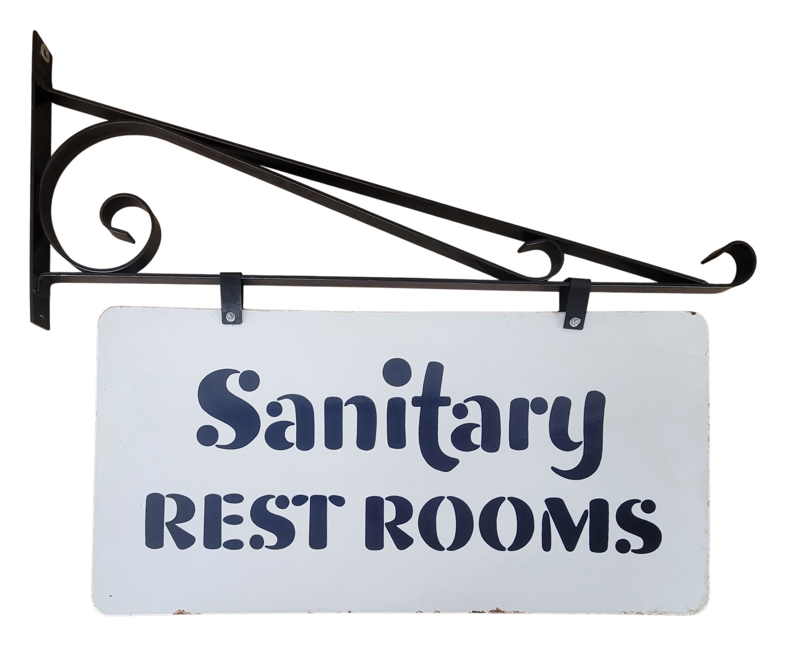 Sanitary Rest Rooms Double Sided Porcelain Sign With Hanging Bracket: 35" x 27.5" (w bracket) DSP sign exhibits excellent colors and high gloss throughout on each side. One side has 2 flea bite sized chips in the field. The perimeter shows minor rust and wear on each si