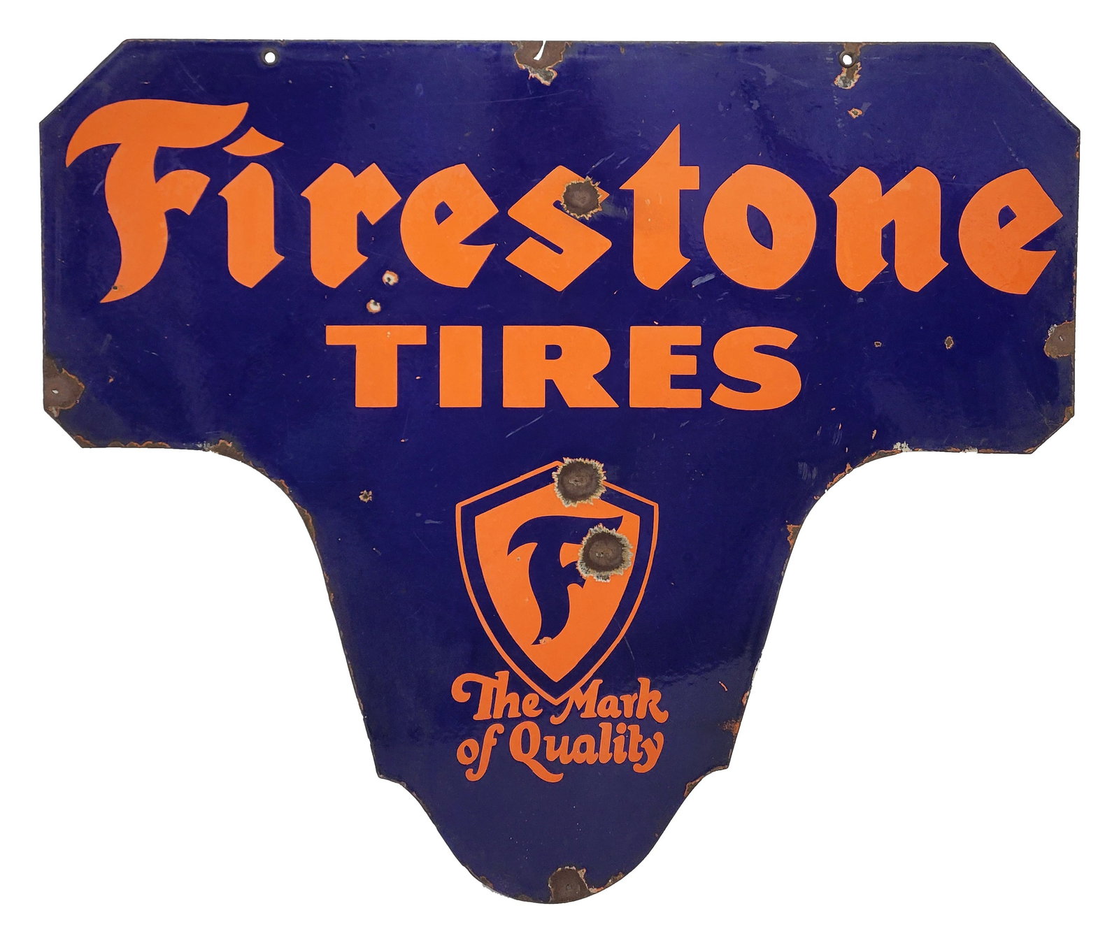 Firestone Tires The Mark Of Quality Double Sided Porcelain Sign: 36" x 30" DSP die cut sign displays bright colors on each side with large bullet dings, oxidation in areas, porcelain chips with rust, and errant paint.
