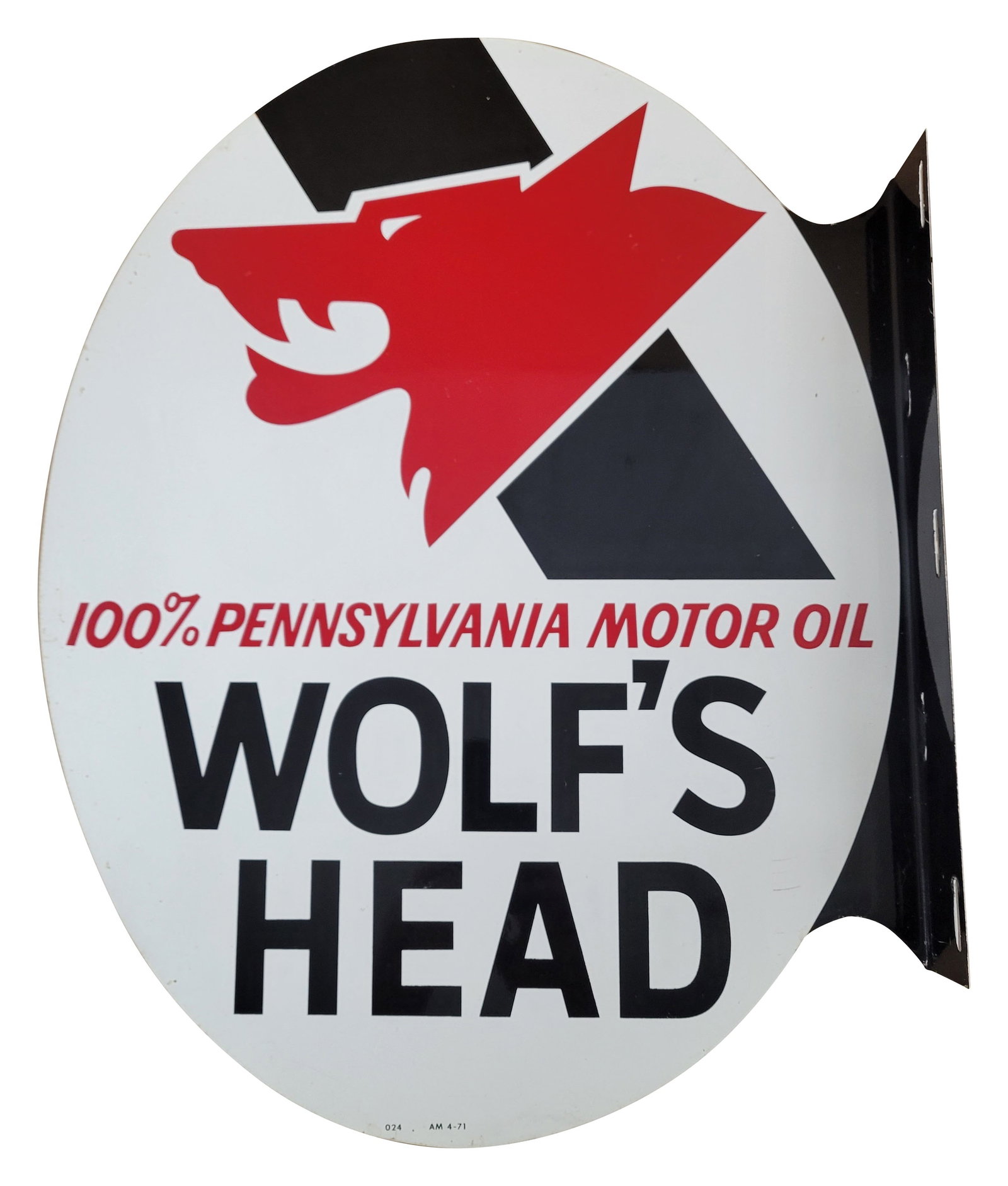 Wolf's Head Motor Oil Flange Sign: 17" x 22" DST flange sign displays very well on both sides with bright colors and high shine. There are a few minor scuffs and fine scratches. AM 4-71.