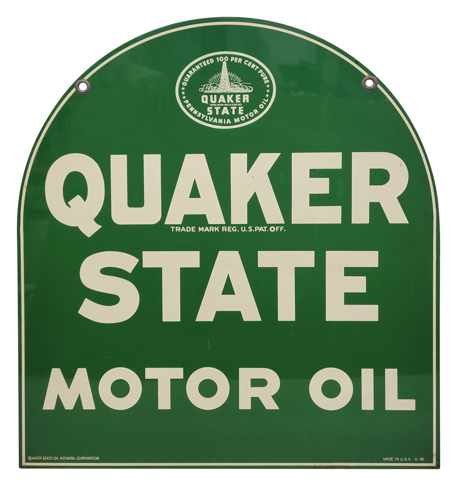 Quaker State Motor Oil Double Sided Tin Sign: 26.5" x 29" DST sign displays excellent color and shine on each side. There is light wear visible with scuffs and small scratches. The perimeter has minor wear with a small minor bend along the bottom