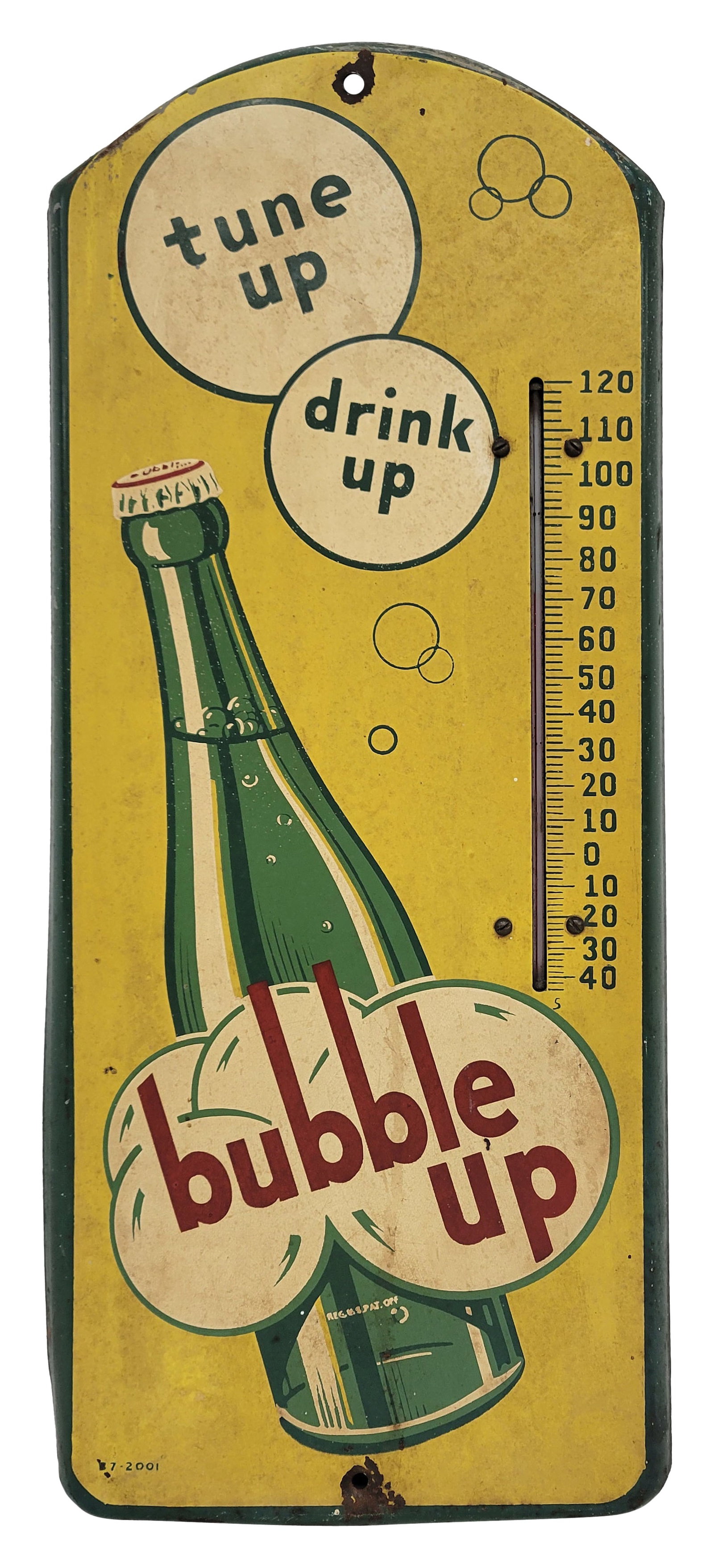 Tune Up Drink Up Bubble Up Thermometer: 8.75" x 21" working tin thermometer exhibits general wear throughout with crackled paint, small specks of chipped paint, and surface discoloration. There are small bends and surface rust around the pe
