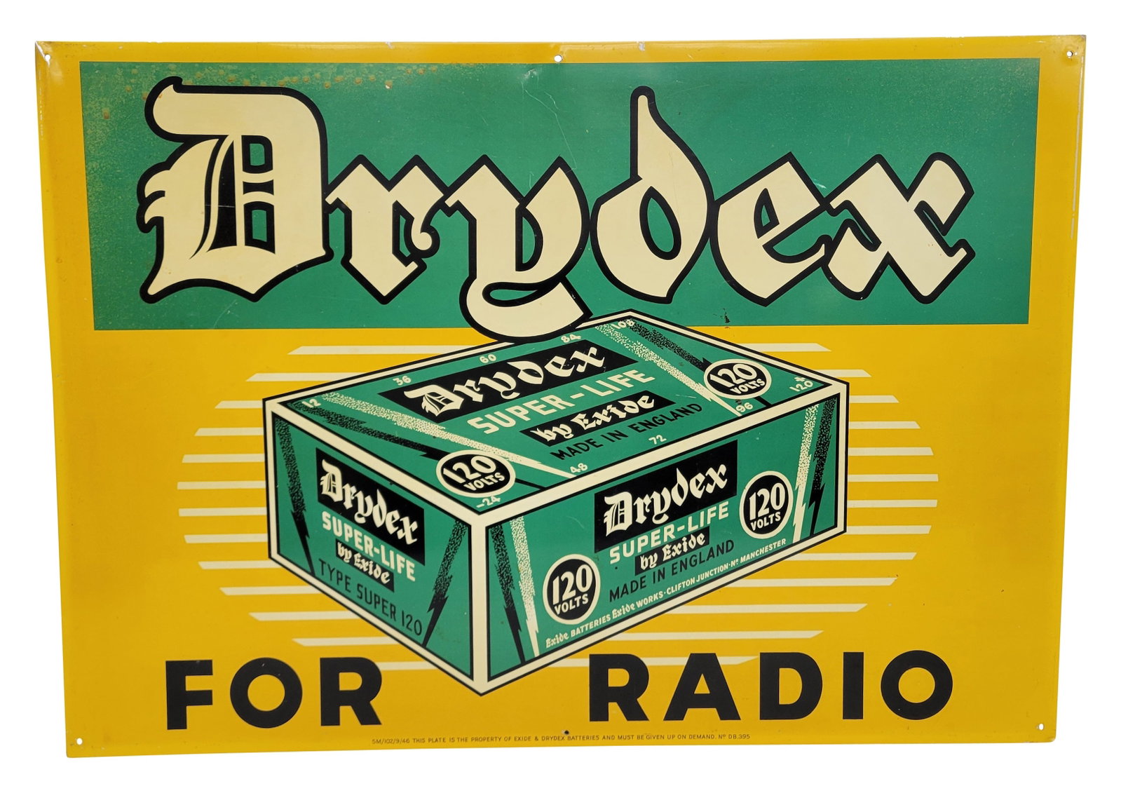 Drydex Batteries For Radio By Exide SST Sign: 25" x 17.5" single sided tin sign exhibits very good color and shine with minor scuffs in the field and slight fading along the upper field perimeter. There is also a light 2" vertical scratch below t