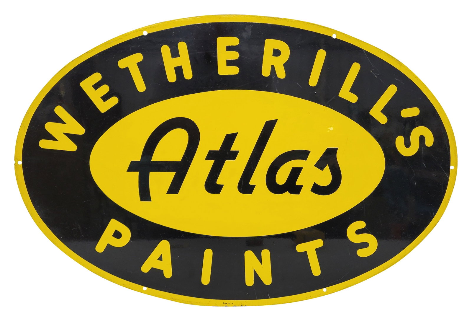 Wetherill's Atlas Paints SST Sign: 30" x 20" single sided tin sign exhibits excellent color and shine with light scratches throughout. The surface is covered in tiny bubbles, likely a manufacturer defect. There is light wear along the 