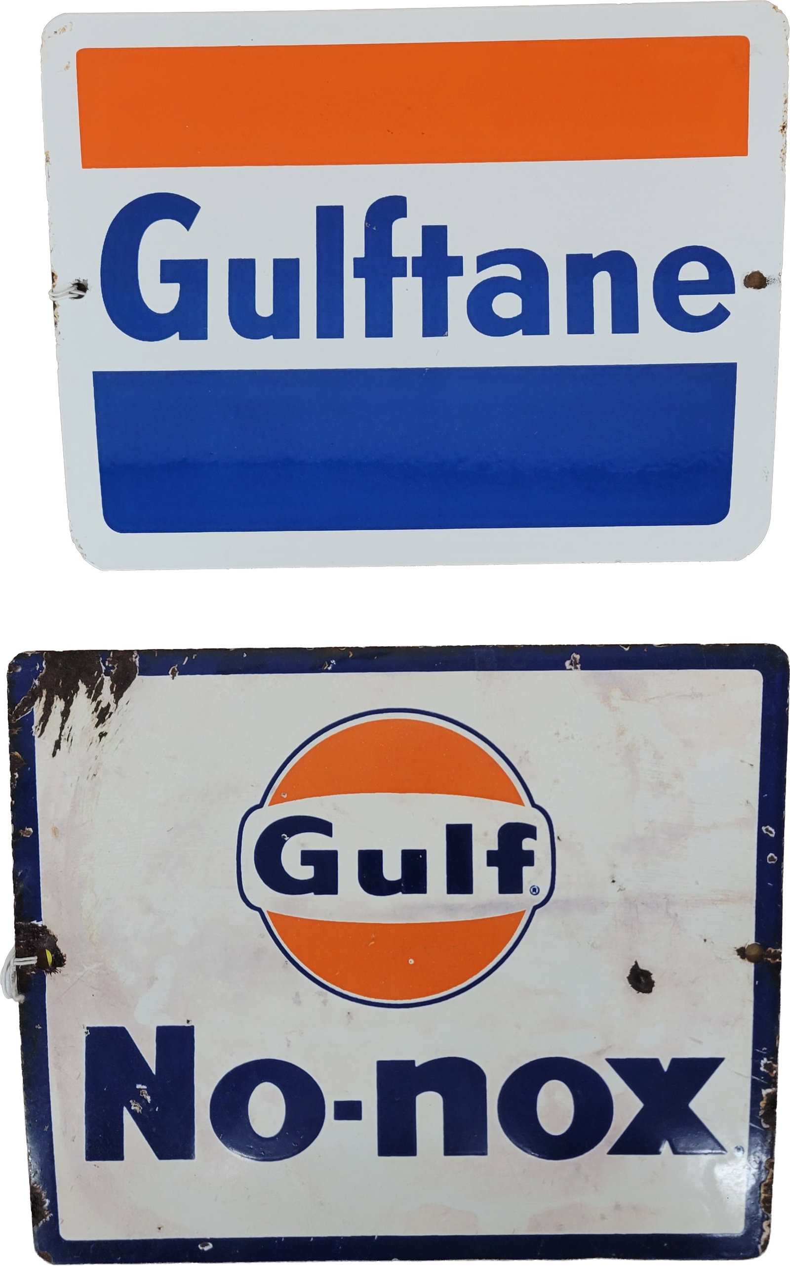 Gulftane and Gulf No-nox Porcelain Gas Pump Plate Signs (1 of 2)