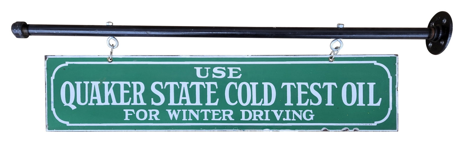 Use Quaker State Cold Test Oil For Winter Driving DSP Sign: 31" x 8" (w bracket) DSP sign exhibits good color on each side with one side exhibiting wear along the bottom edge and perimeter with small porcelain chips and possible touch ups. The new metal bracke