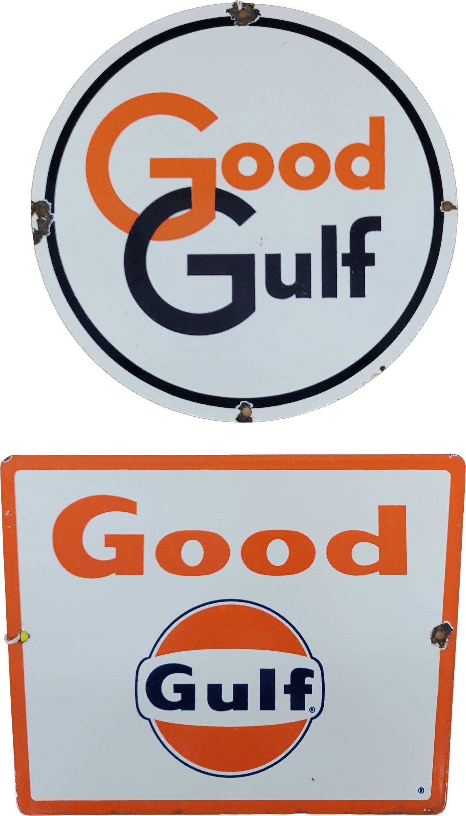 Lot of 2 Good Gulf Porcelain Pump Plate Signs: Lot includes a 10.5"d Good Gulf pump plate with excellent color and gloss. There is small nick in the center field and chips around the perimeter at the mount holes. The second 11.5" x 8.5" pump plate