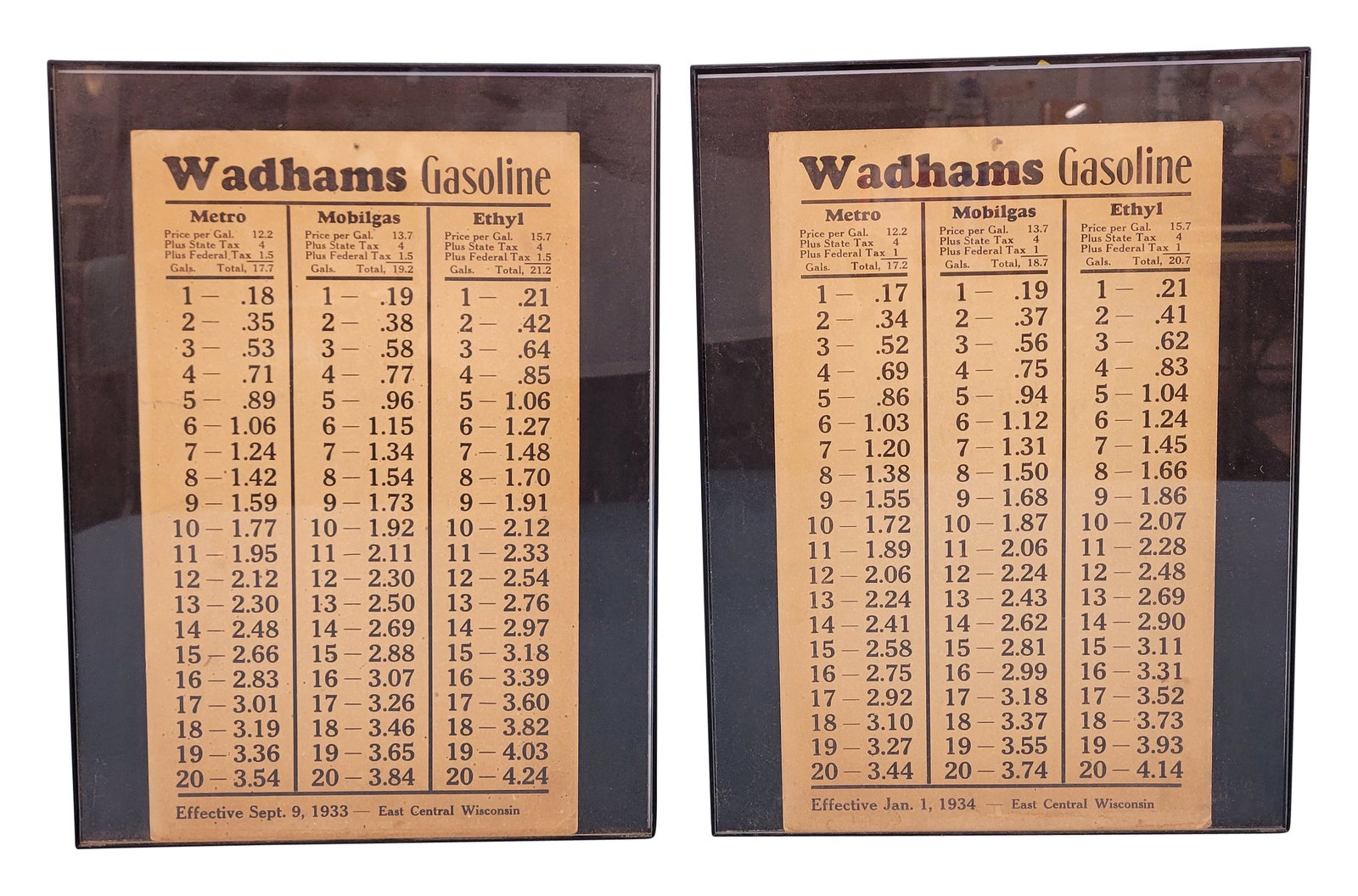 Group of 2 Framed Wadhams Metro Mobilgas Gasoline Price Inserts 1933 &1934 (1 of 2)