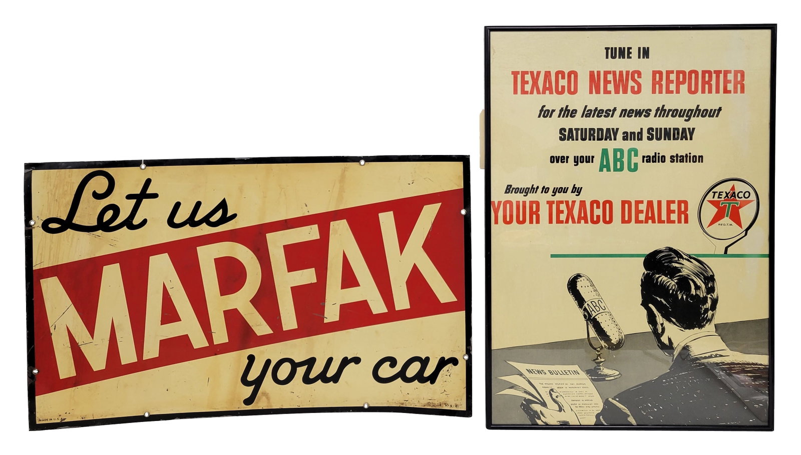 Texaco Let Us Marfak Your Car Tin Sign and Texaco News Reporter Framed Cardboard Sign: Lot of 2 features a 30" x 18" Marfak sign that shows signs of wear, including scratches, stains, bends, and dings. The second item is a framed Texaco News Reporter cardboard sign, protected by glass, 