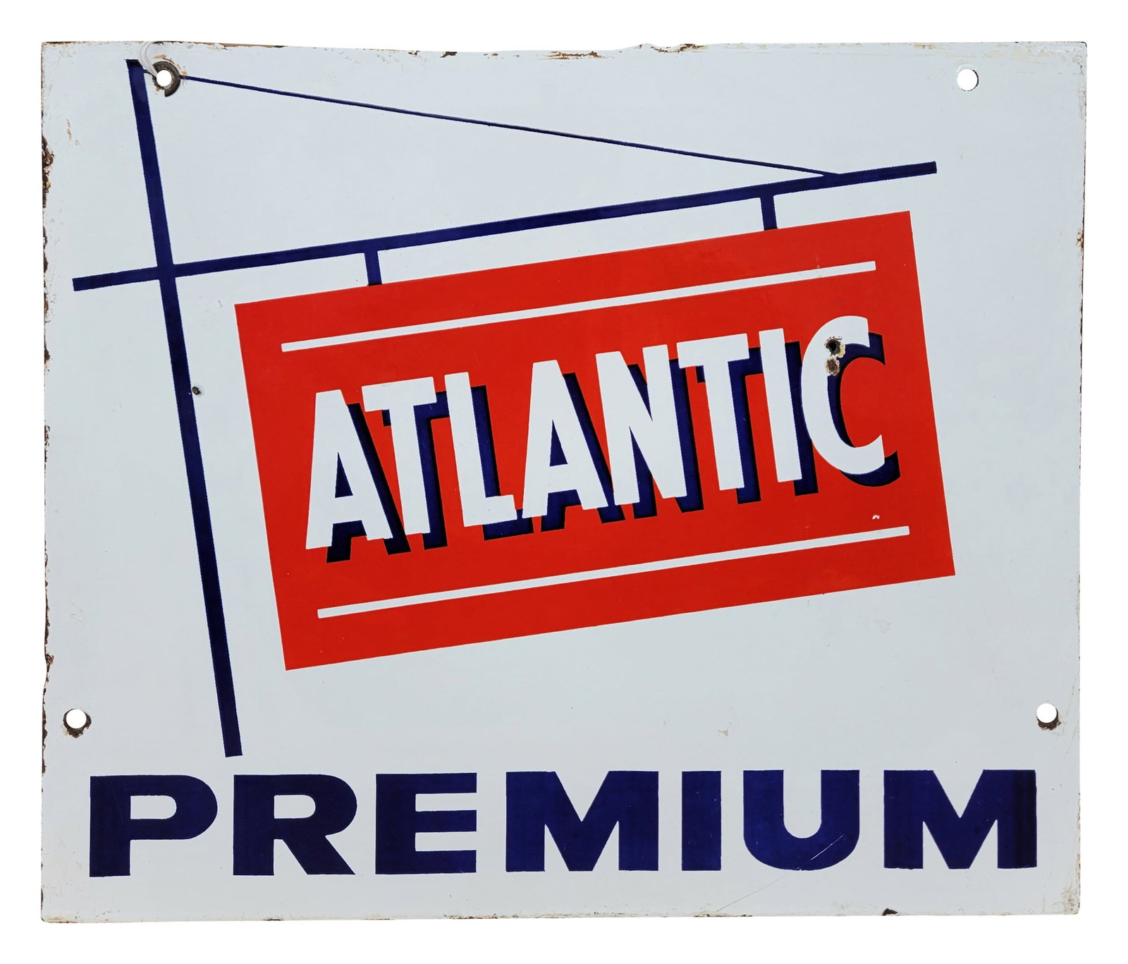 Atlantic Premium Porcelain Gas Pump Plate: 13"x 11" SSP gas pump plate sign exhibits bright colors and high gloss. There are a couple of very small chips with a small hole in the field. The perimeter has light wear with several small scratches