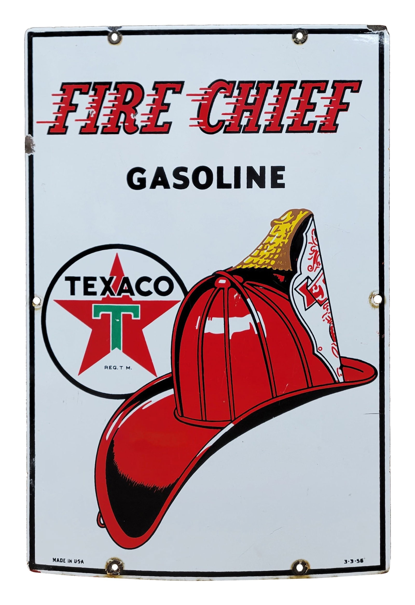 1956 Texaco Fire Chief Gasoline Porcelain Gas Pump Plate Sign: 12" x 18" SSP gas pump plate sign displays bright colors and high gloss with light scratches in the field. The perimeter has light wear with several small chips. 3-3-56.