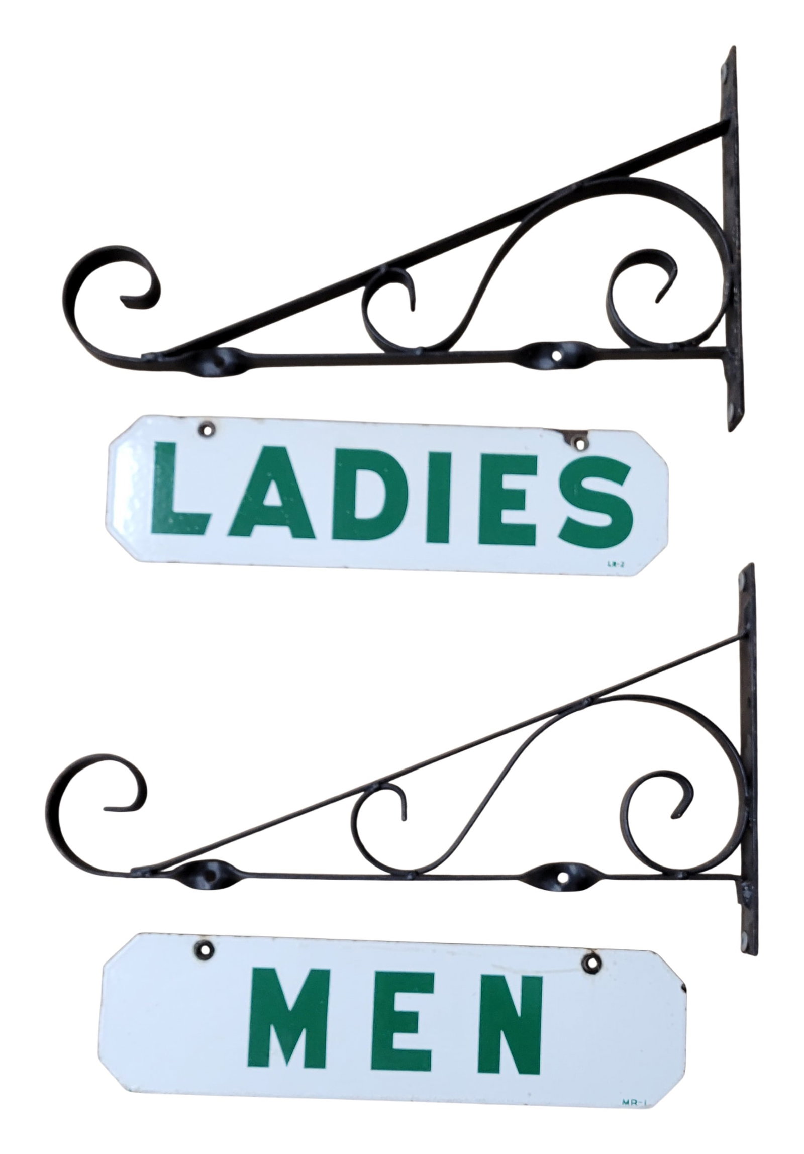 Ladies and Mens Double Sided Porcelain Rest Room Signs: This lot consists of two DSP signs measuring 18" x 10" (with bracket) that showcase excellent colors and a glossy finish on both sides. They exhibit minor edge wear. The 2 metal brackets are in good c