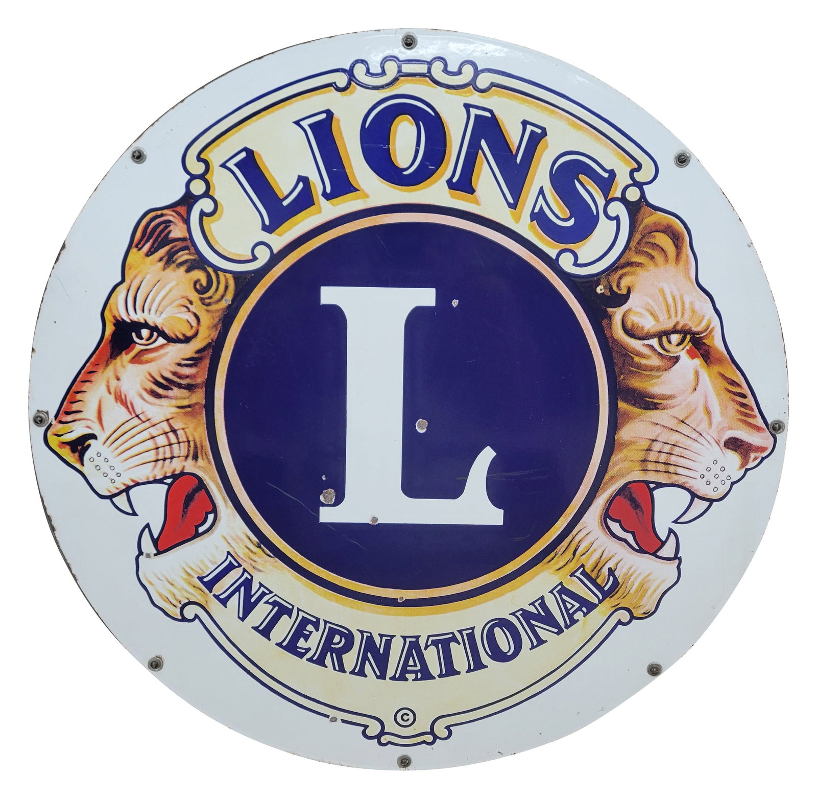 30" Lions International SSP Sign With Ring: 30" D., SSP sign with the original metal ring has excellent color and gloss. The display has light wear with chips. The perimeter has small chips at the left hand mounting holes and the outer edges. T