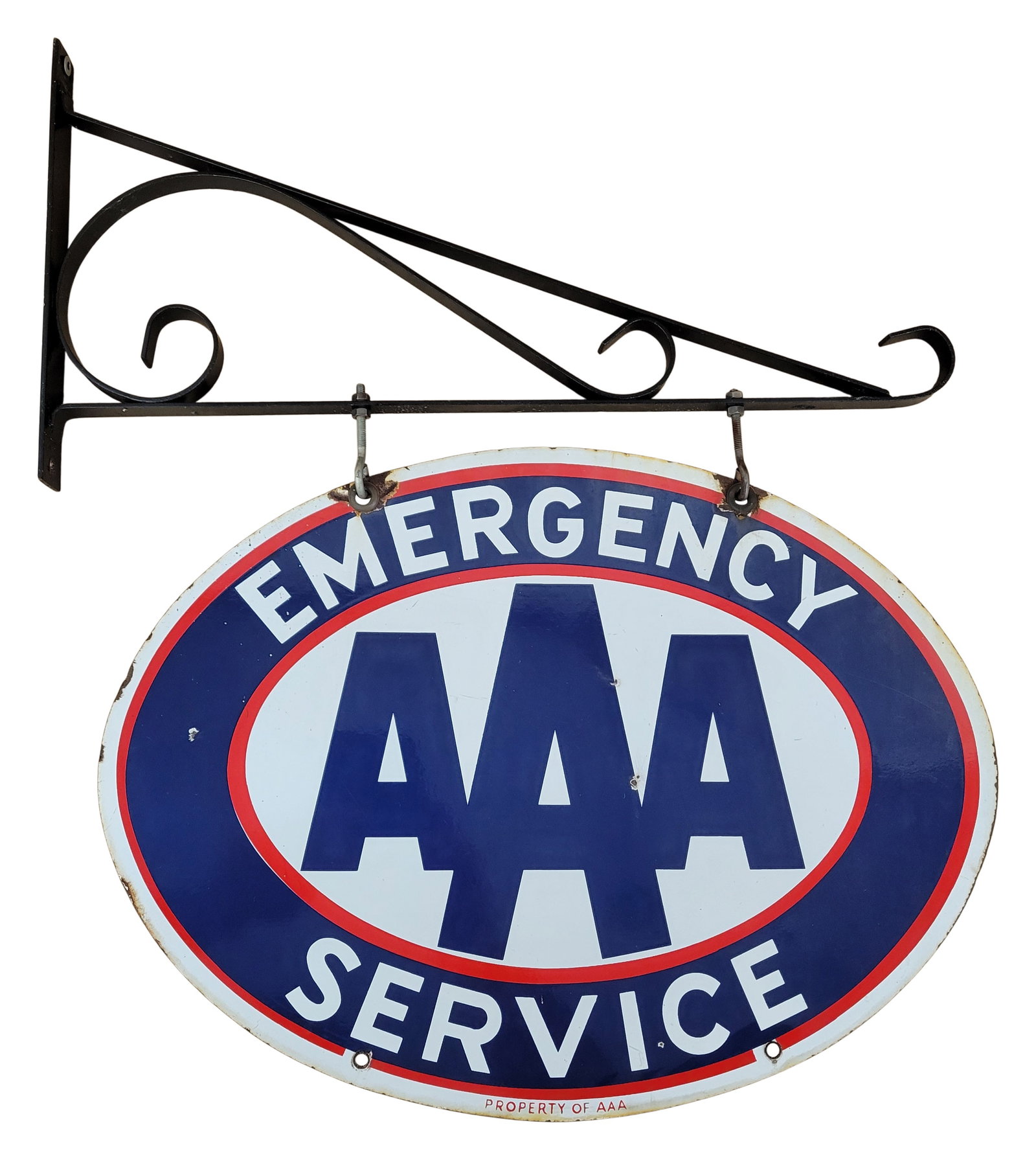 AAA Emergency Service Double Sided Porcelain Sign With Bracket: 24" x 28" DSP sign has good color and shine. Each side displays small chips in the field, chips at the mount holes, and light edge wear. The metal hanging bracket is in excellent condition with minima