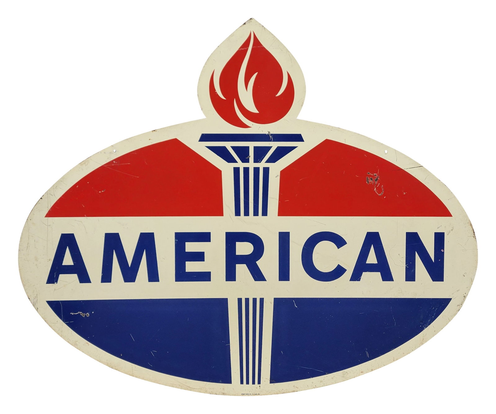 American Gasoline Die Cut Double Sided Tin Sign With Flame: 48" x 40" DST die cut sign features the American flame and exhibits bright colors and moderate shine on each side. There are scuffs, marks, and scratches on each side including a few larger scratched 