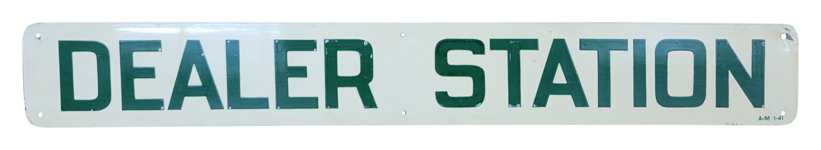 Dealer Station Single Sided Tin Sign: 22" x 3" SST sign displays good color with fine scratches throughout the field and multiple very small nicks in the paint of the green lettering.
