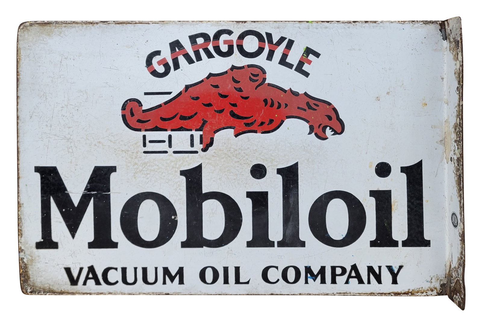 Mobiloil Gargoyle Vacuum Oil Company Double Sided Porcelain Flange Sign: 24" x 15.5" DSP flange sign exhibits typical signs of age and wear throughout each side with scratches, dullness in areas, rust, heavy edge wear, and chips on the flange section.