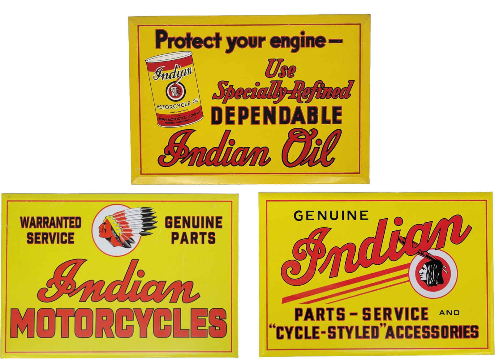Indian Oil and Indian Motorcycles Tin Signs: Lot of 3 reproduction tin over cardboard signs. All 3 signs exhibits excellent color and good shine. The Indian Oil sign has minor wear on the left field with a scratch and tiny paints specks. The rem