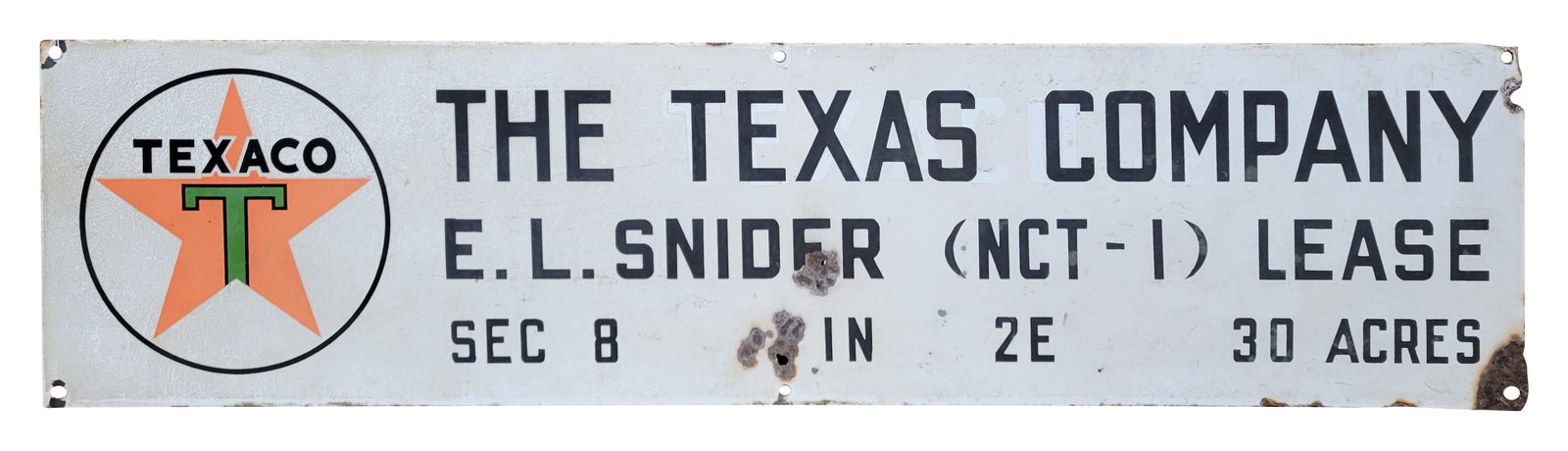 Texaco The Texas Company E.L. Snider Porcelain Lease Sign: 48" x 12" SSP lease marker sign exhibits wear in the field with oxidation, bullet dings and small holes. There is wear around the perimeter with chips and rust. Shadowing of prior lettering can be