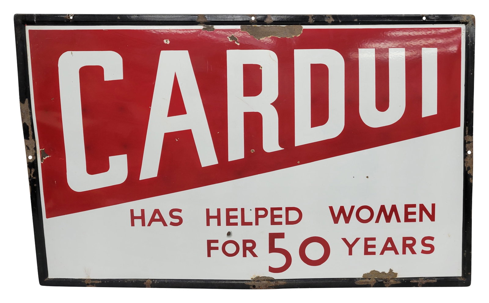 Cardui Has Helped Women For 50 Years SSP Sign: 48" x 30" SSP sign exhibits bright color with several small chips in the field. The self framed perimeter has large chips, several bullet dings, shallow bends, and surface rust.