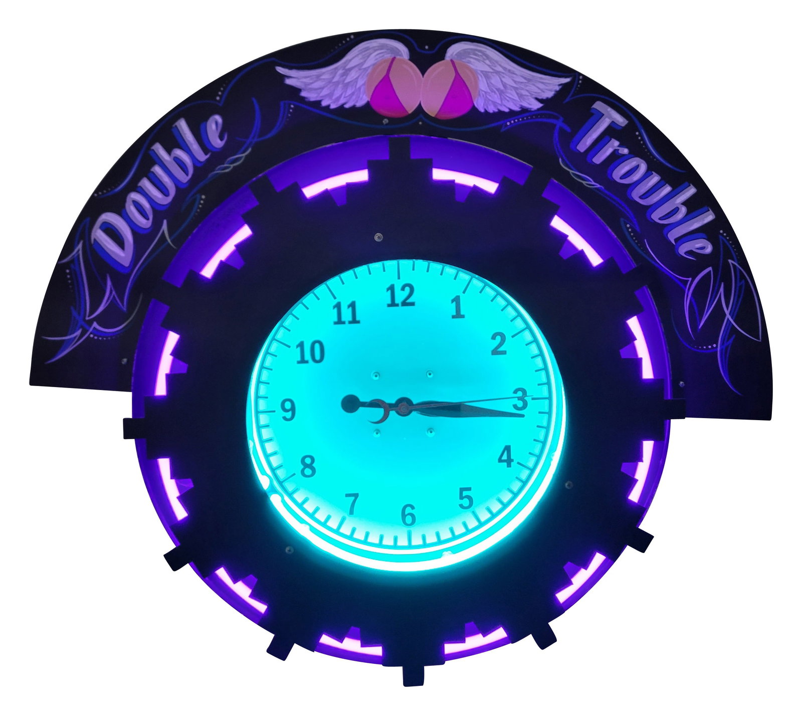 Aztek Neon Clock With Double Trouble Marquis Sign: 36" x 31" working sign features purple and turquoise blue neon with an Aztek styled metal die cut sign on the front with a glass clock face. The clock has a SS metal painted Double Trouble marquis on