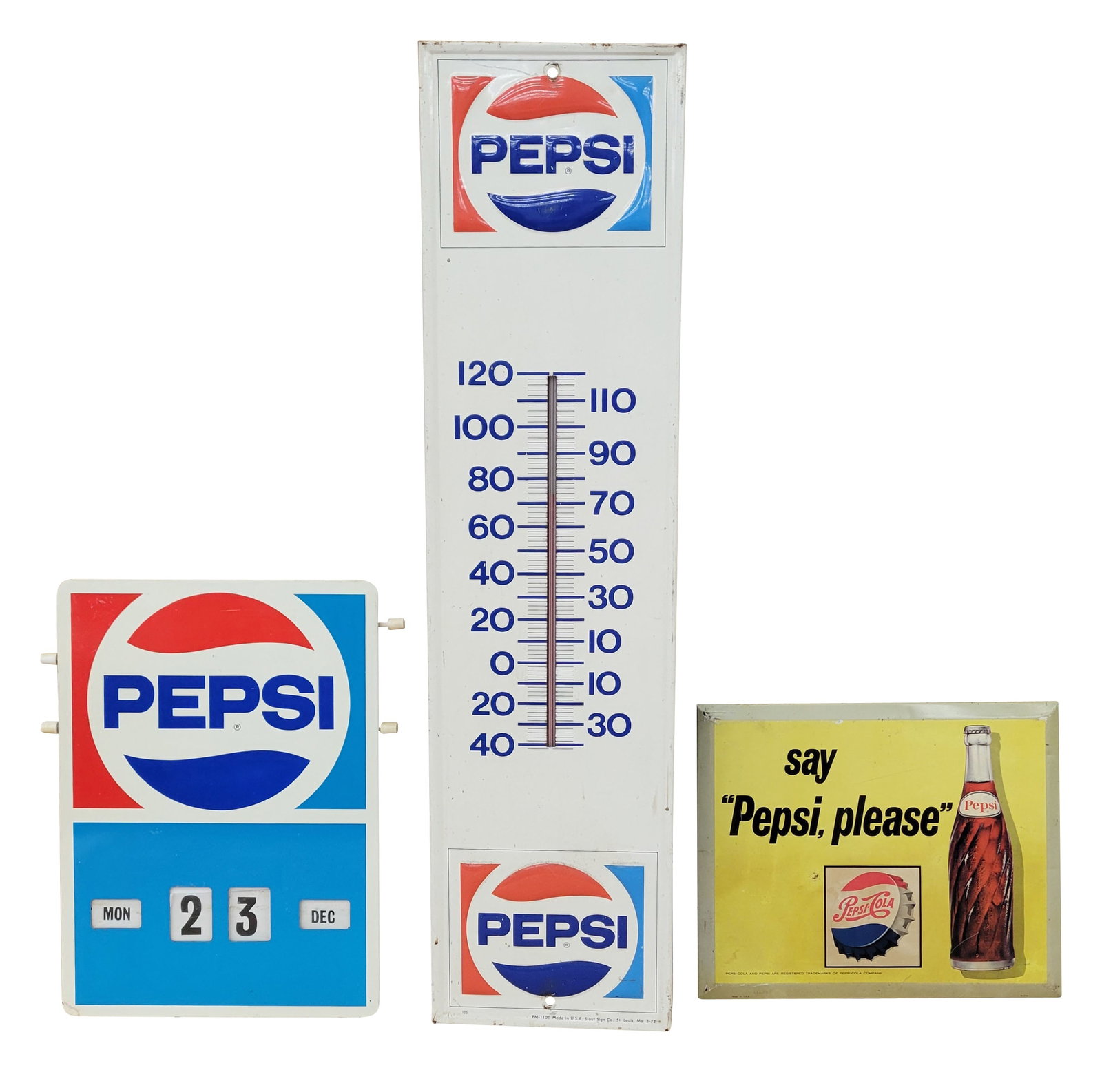 Pepsi Thermometer, Calendar, and Tin Sign: Lot of 3 includes a 7.25" x 28" embossed working tin thermometer with moderate wear including small scratches. Stout Sign Co. 3-72. Also a 10.5" x 13.25" tin Pepsi thermometer with bright colors and