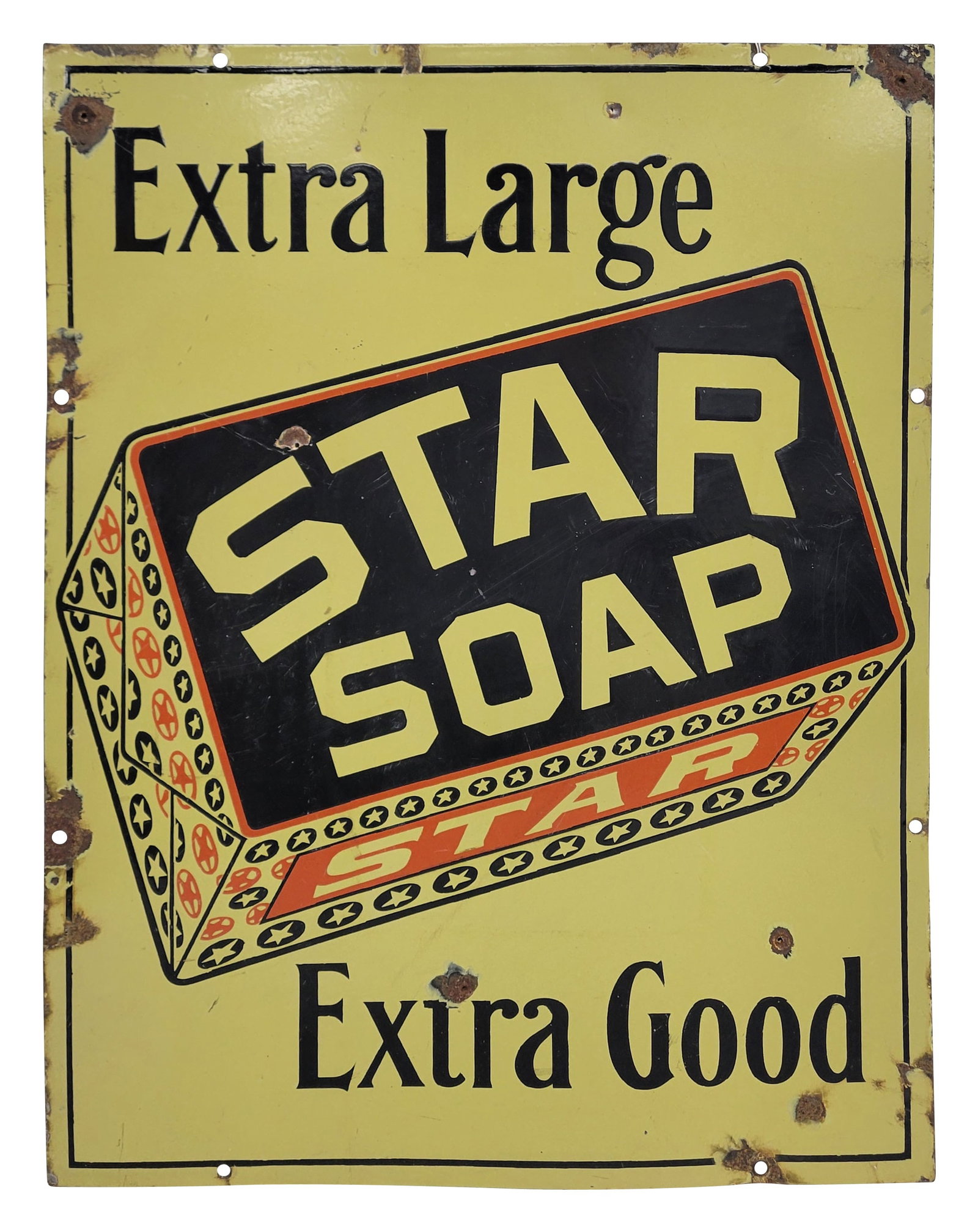 Extra Large Extra Good Star Soap Single Sided Porcelain Sign: 20" x 26" SSP sign features Star Soap bar graphics with good color. There are several small bullet holes with chips and small scratches in the field. The mount holes and the perimeter have wear with p