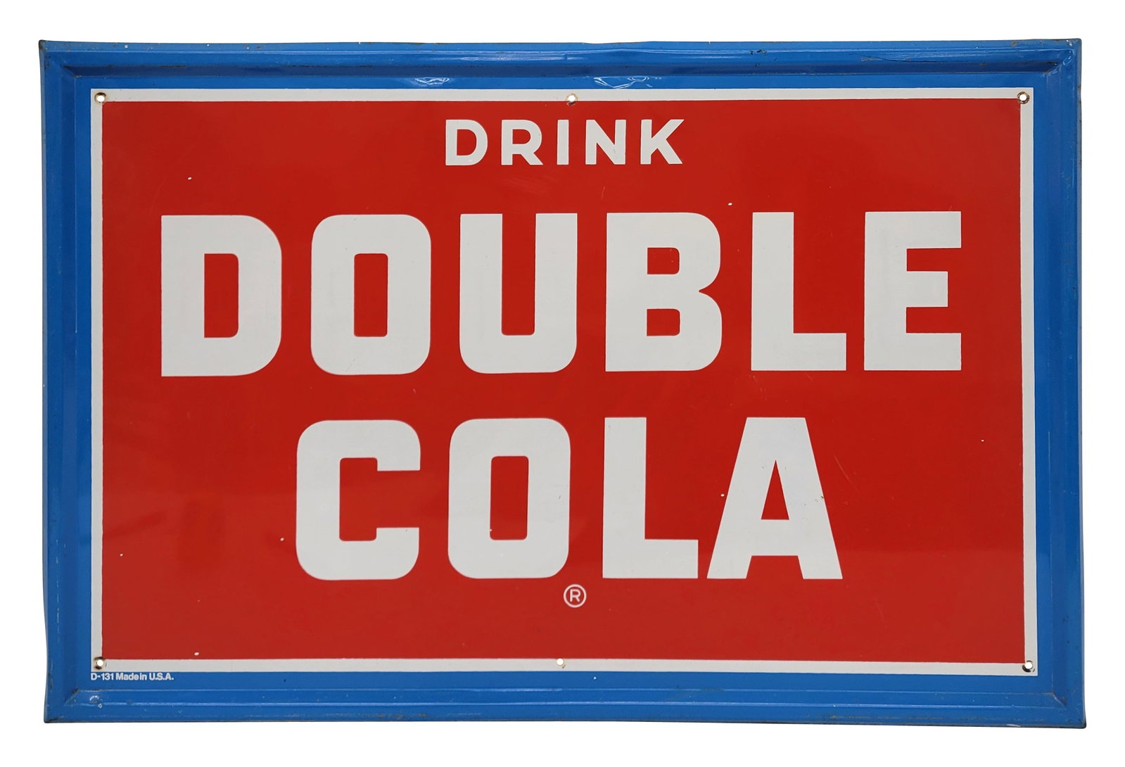 Drink Double Cola Single Sided Tin Sign: 35" x 23" SST sign features a deep self frame. The field exhibits good color and shine with several shallow bends and small scratches. The self framed perimeter has wear with scratches and shallow ben
