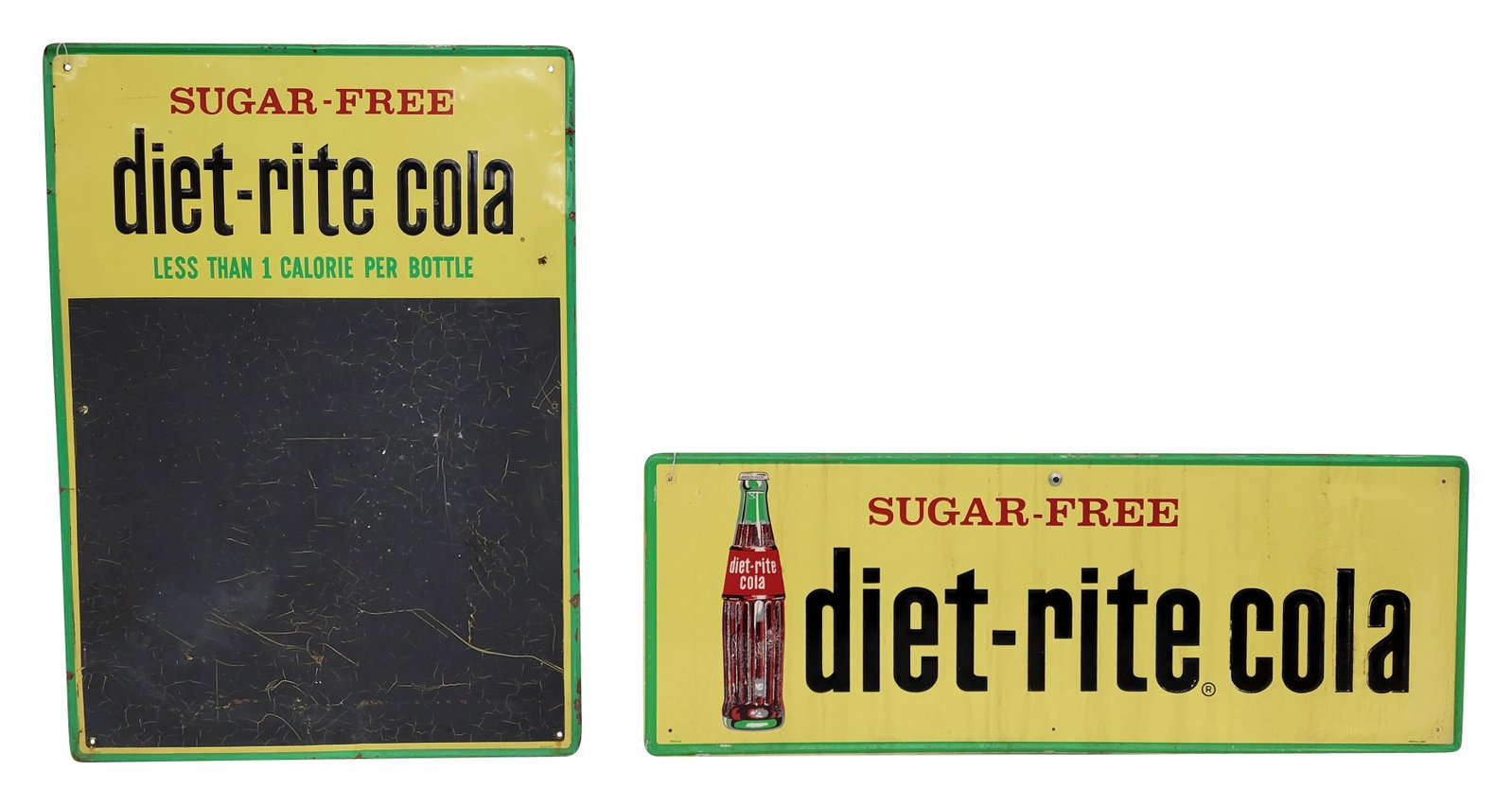 Diet Rite Cola Embossed Menu Board and SST Sign: Lot of 2 includes a 20" x 28" SST menu board sign with embossed lettering at the top, exhibiting good color and shine. A small hole with rust is present on the right side. The black board area