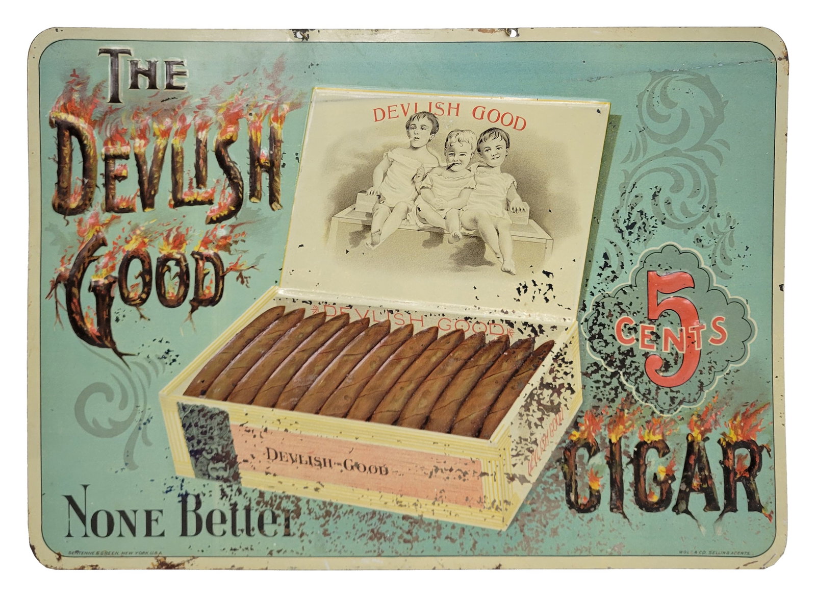 The Devilish Good Cigar 5 Cents Embossed Single Sided Tin Sign: 13.75" x 9.75" SST sign features embossed graphics with bright colors. There is flaking paint in the field and light edge wear with small scratches. Sentenne and Green, New York, U.S.A.