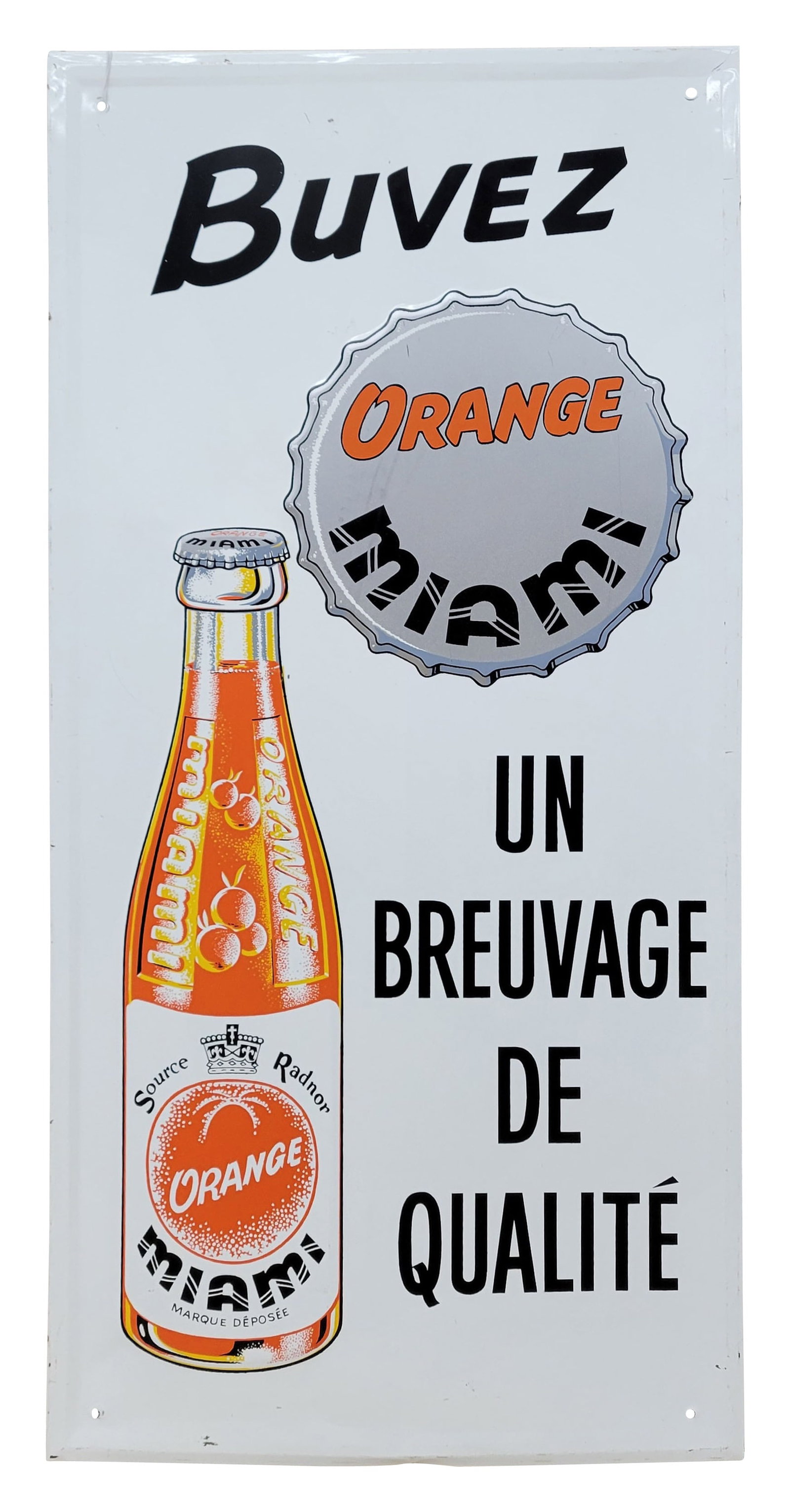 Buvez Orange Miami Single Sided Tin Sign: 14" x 29" SST sign features bright, embossed graphics with good shine. There are minor scuffs and scratches in the field with a few shallow bends around the perimeter.