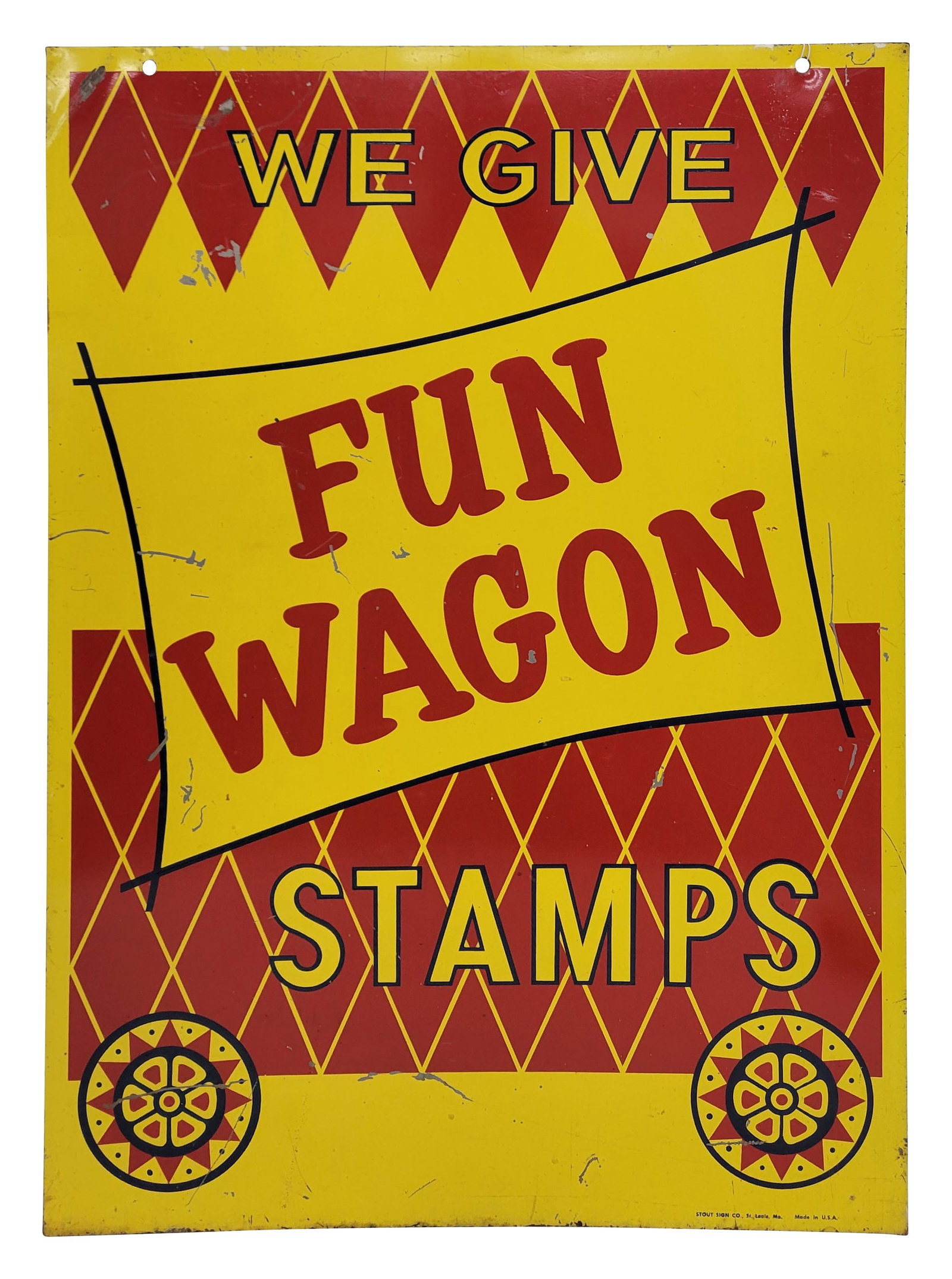 We Give Fun Wagon Stamps Double Sided Sign: 20" x 28" DSM sign exhibits bright colors and good shine with scratches, chipped paint, light surface bubbling, and edge wear on each side. One upper corner has a small shallow bend. Stout Sign Co.�